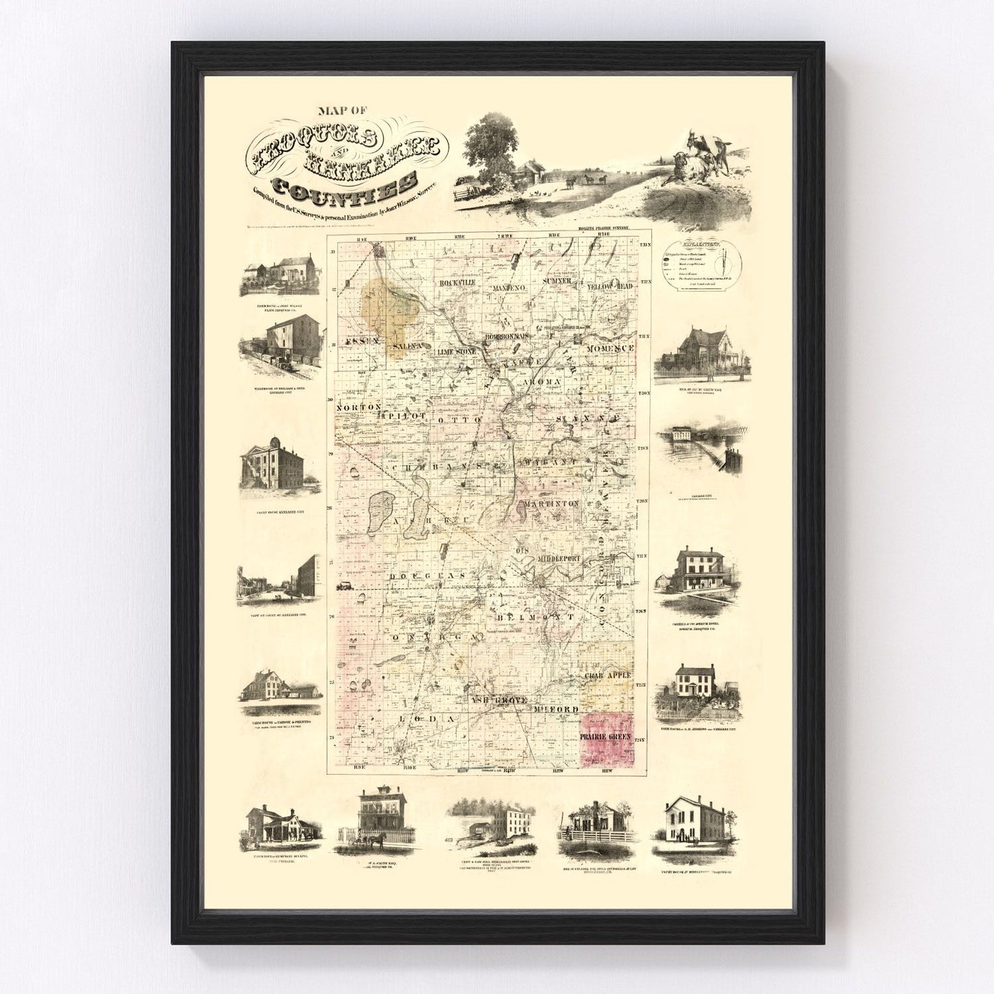 Vintage map of Iroquois County, Illinois, 1860