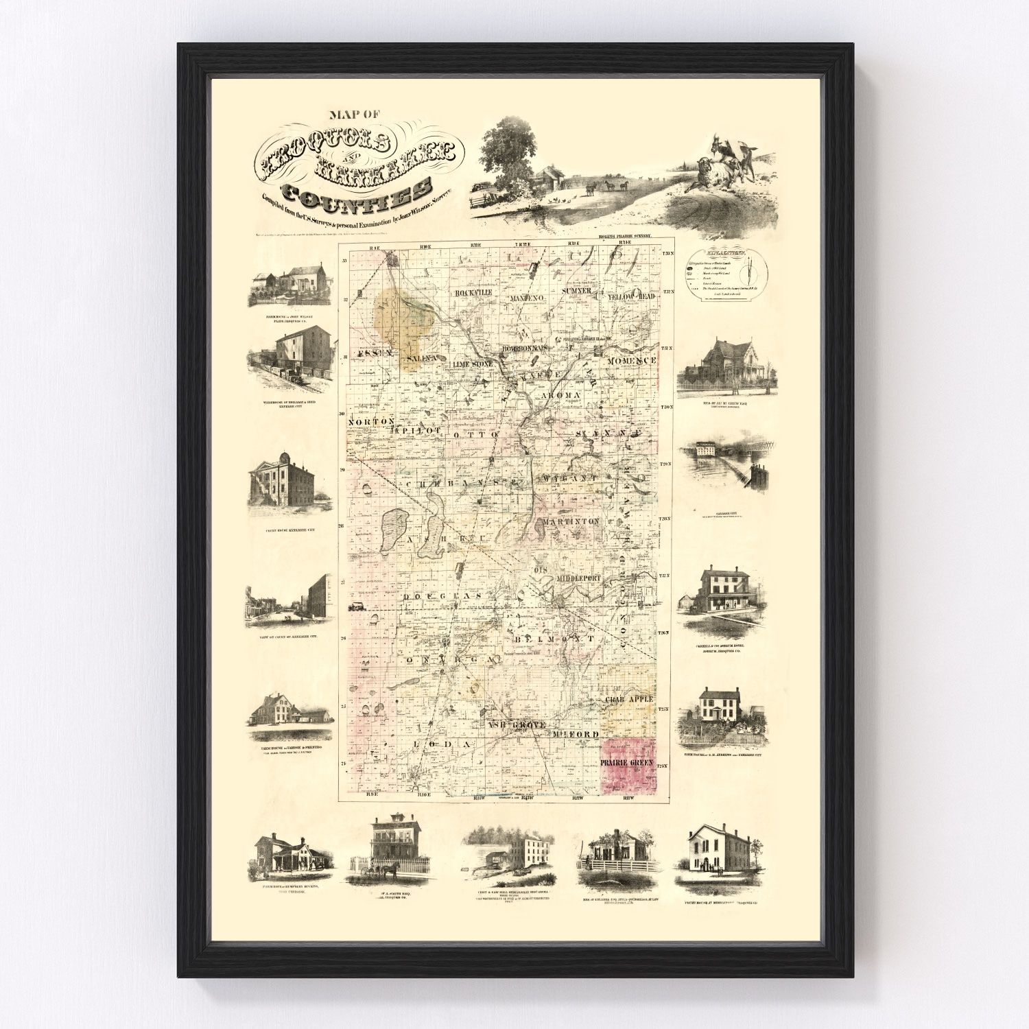 Vintage map of Iroquois County, Illinois, 1860
