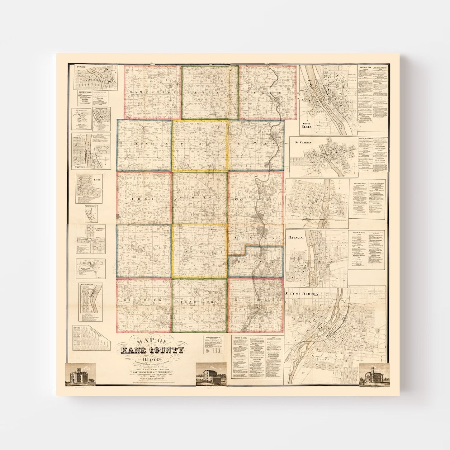 Vintage Map of Kane County, Illinois, 1860