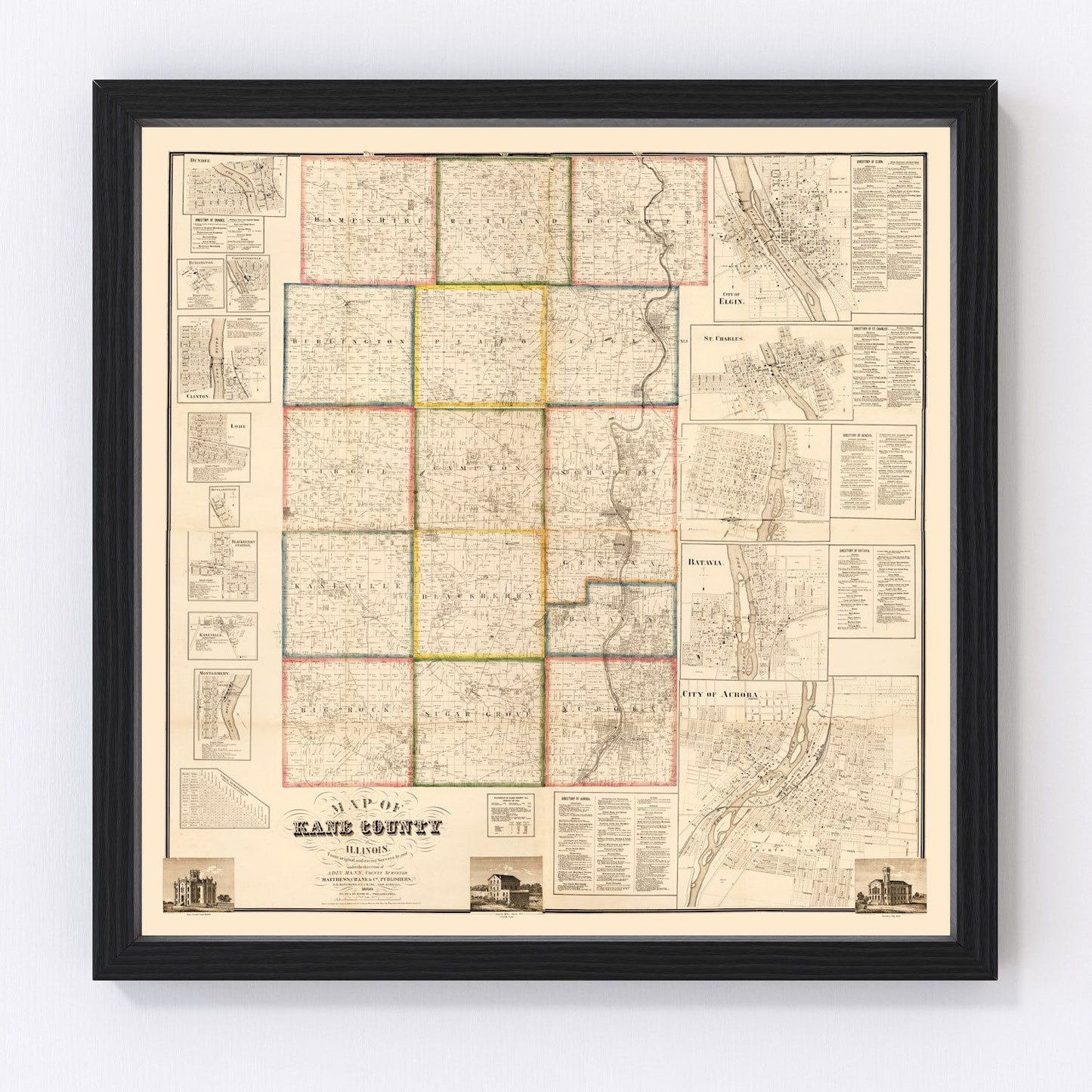 Vintage map of Kane County, Illinois, 1860