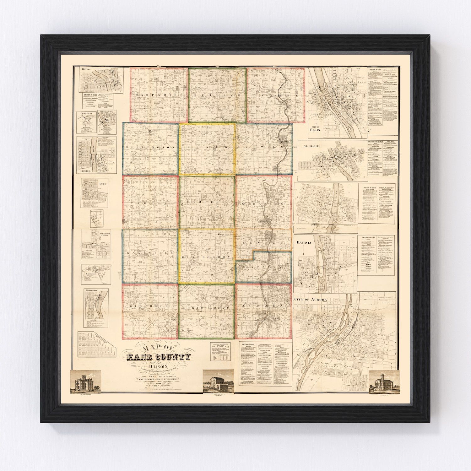 Vintage map of Kane County, Illinois, 1860