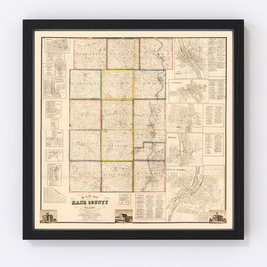 Vintage map of Kane County, Illinois, 1860