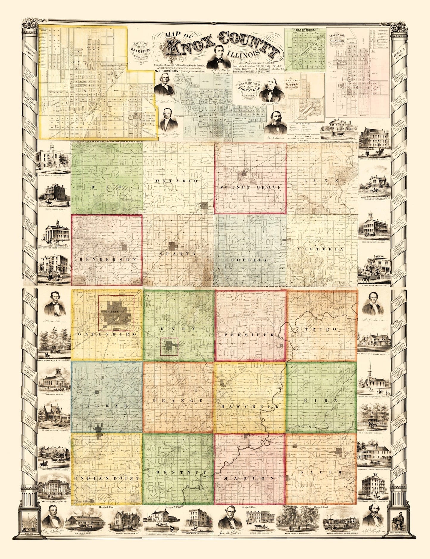 Vintage Map of Knox County, Illinois, 1861