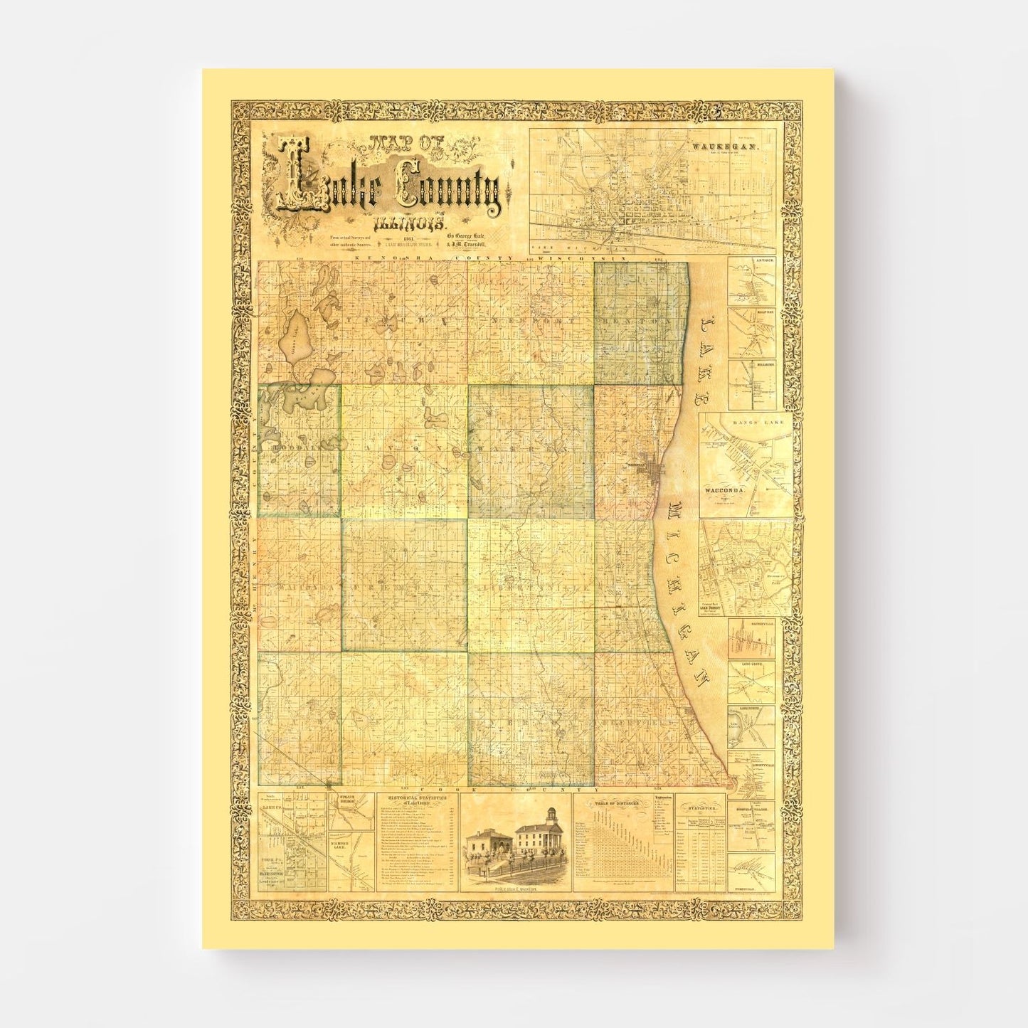 Vintage Map of Lake County, Illinois, 1861