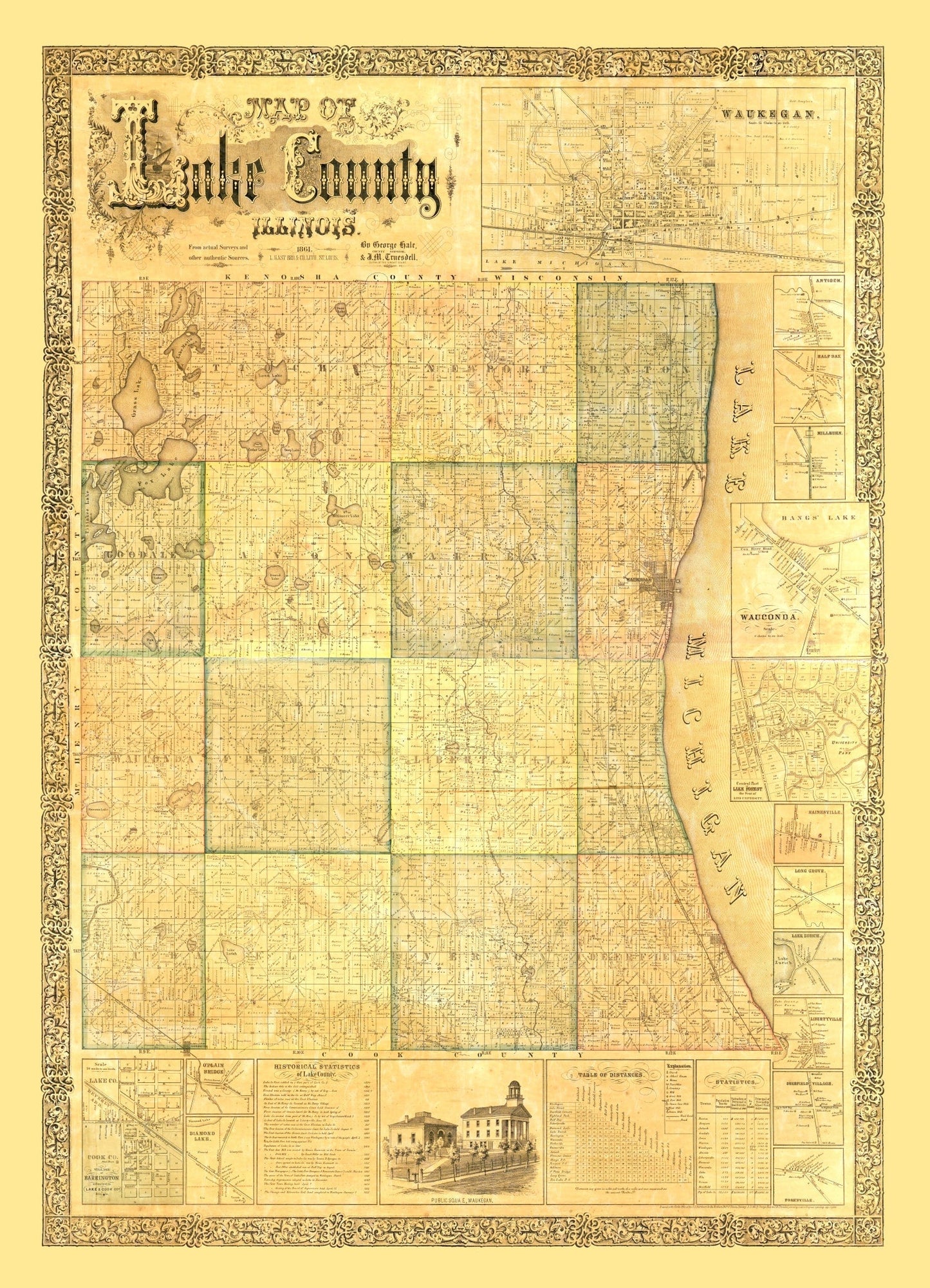 Vintage Map of Lake County, Illinois, 1861