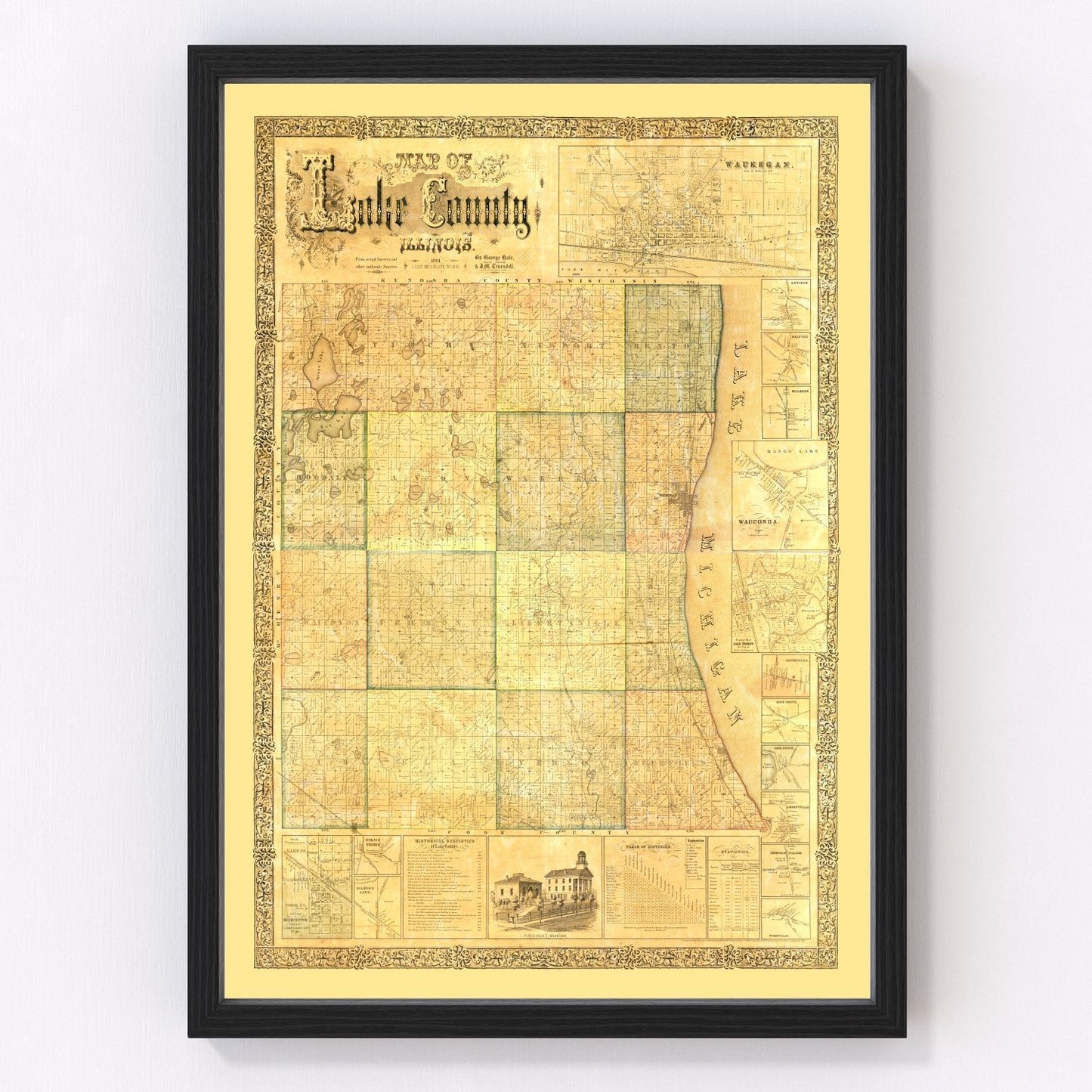 vintage map of Lake County, Illinois, 1861