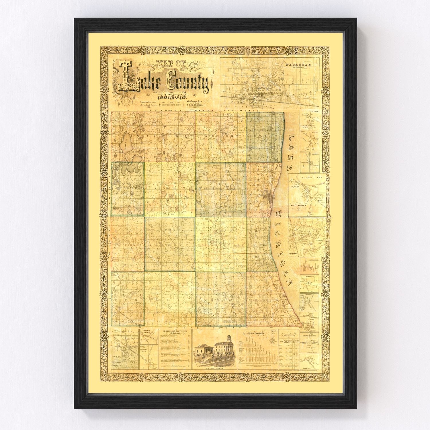 vintage map of Lake County, Illinois, 1861