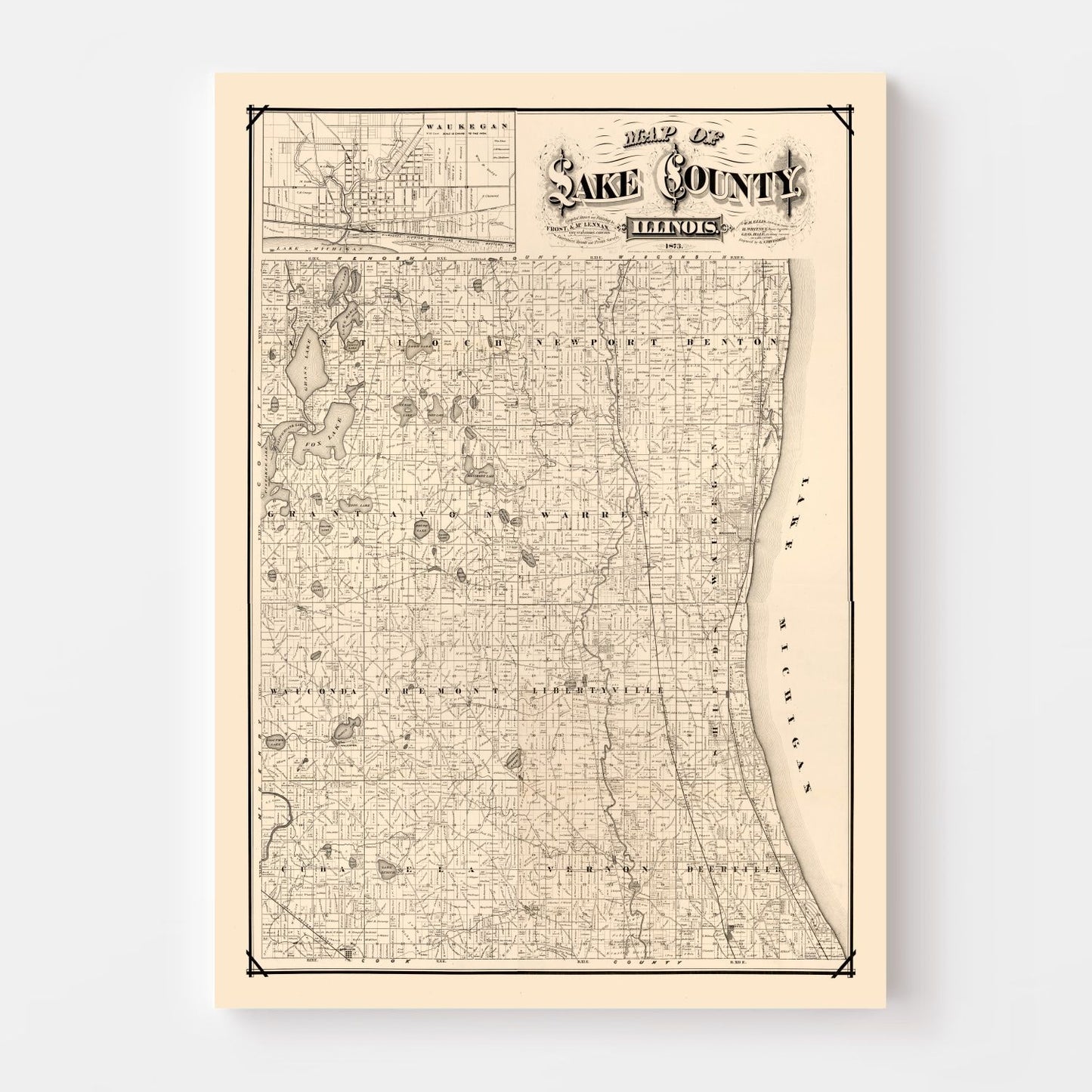 Vintage Map of Lake County, Illinois, 1873
