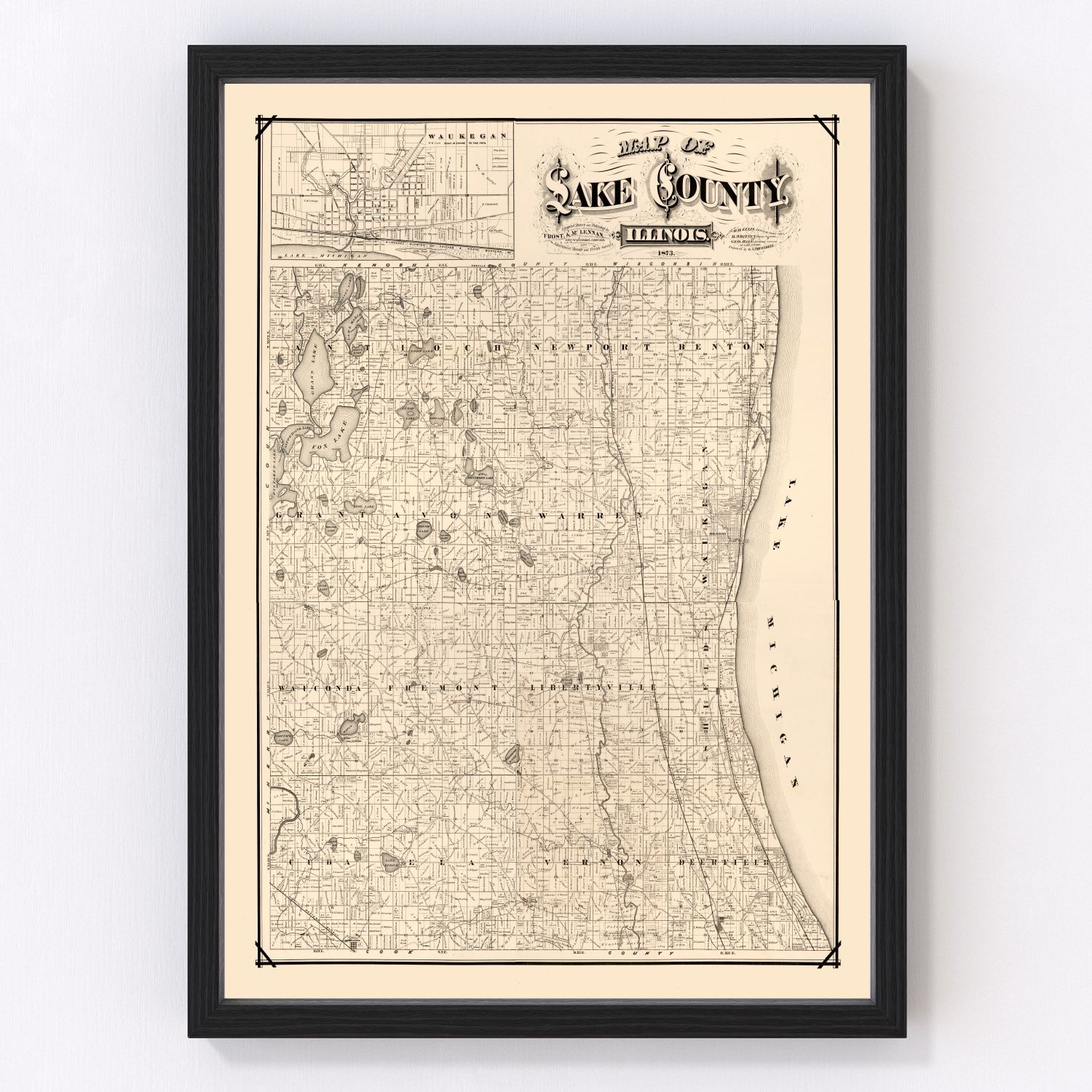 vintage map of Lake County, Illinois, 1873