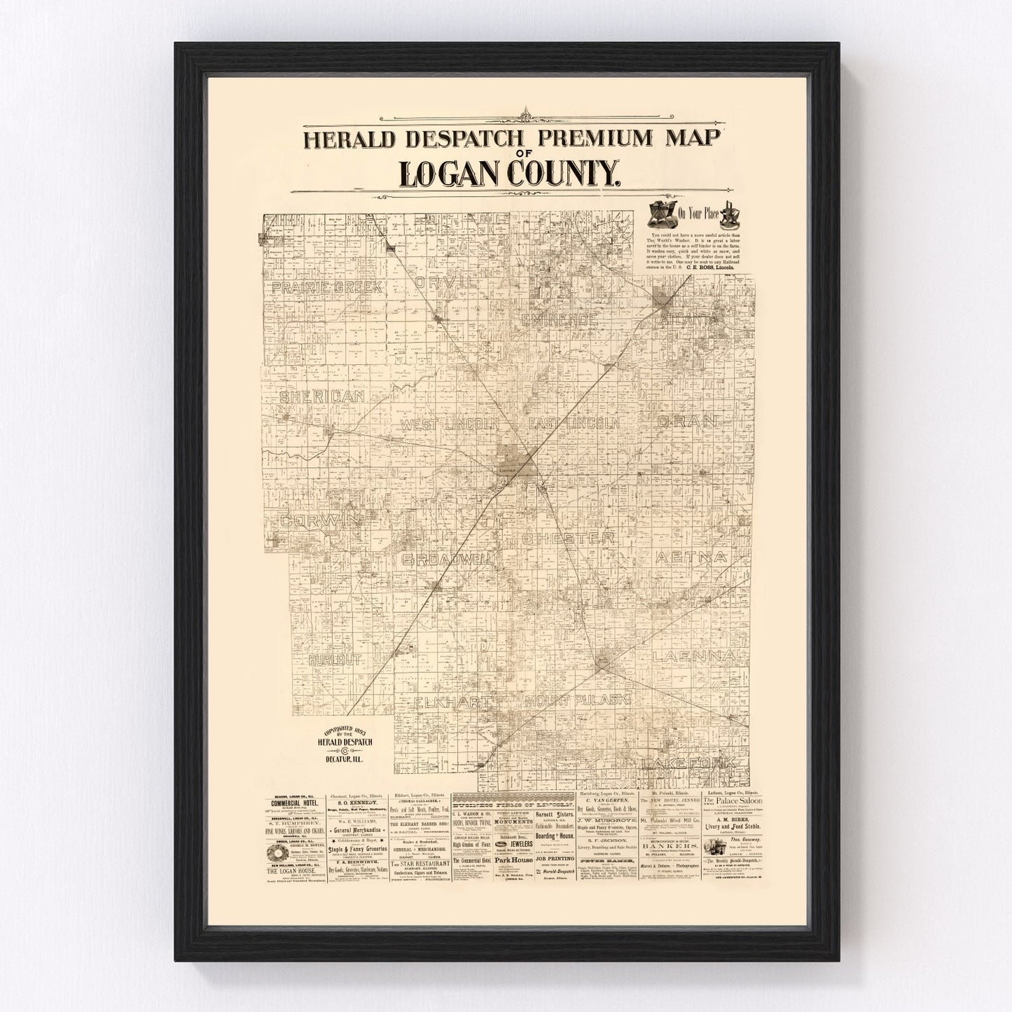 vintage map of Logan County, Illinois, 1893