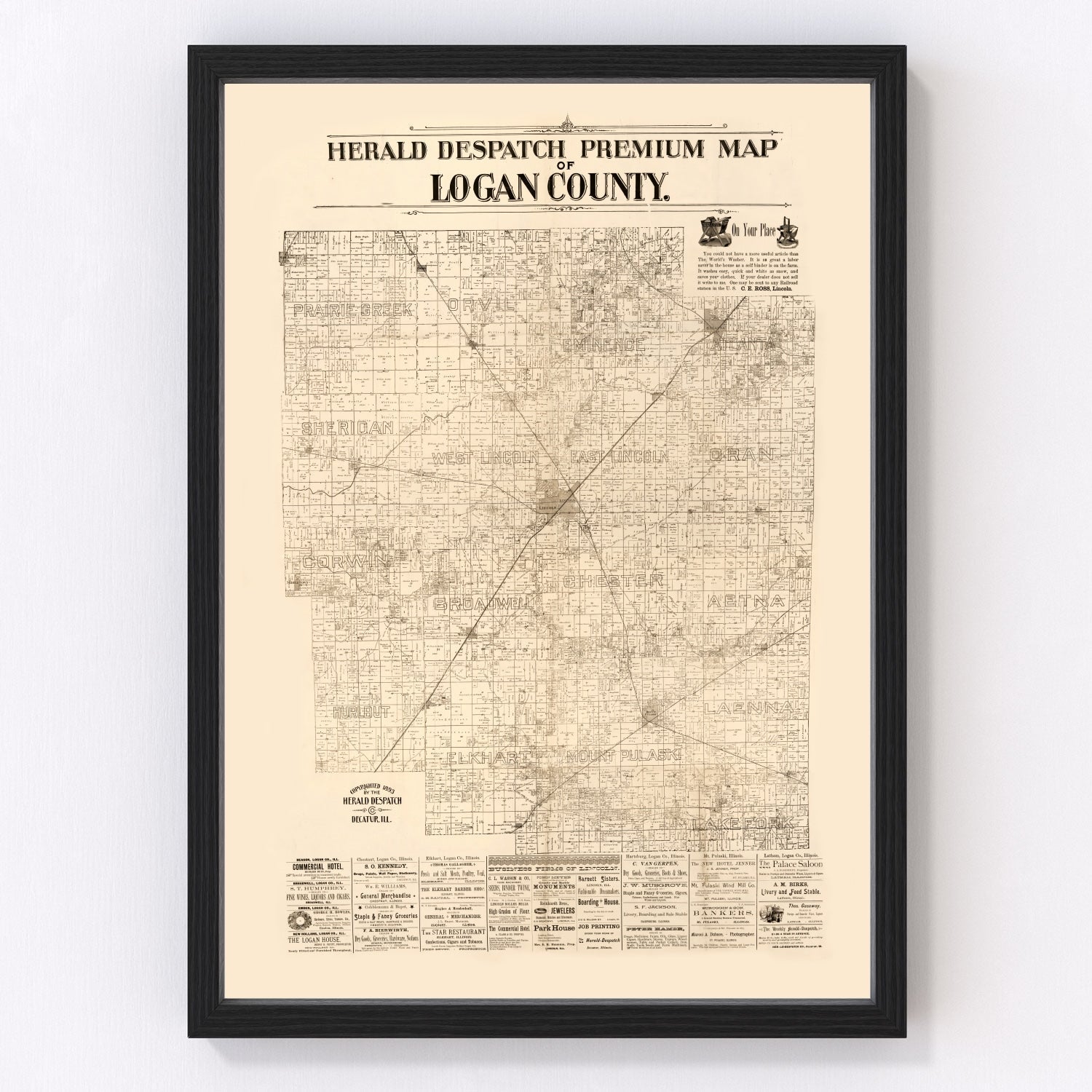 vintage map of Logan County, Illinois, 1893
