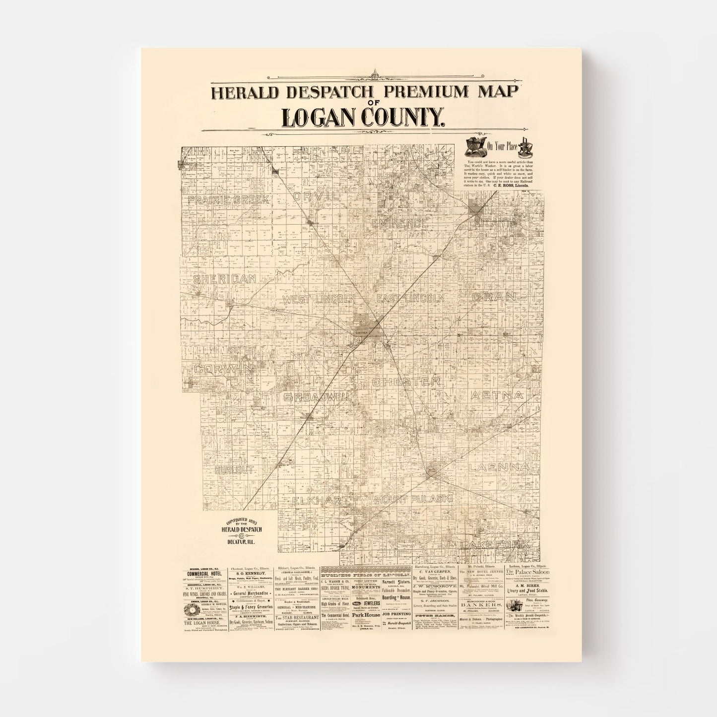Vintage Map of Logan County, Illinois, 1893