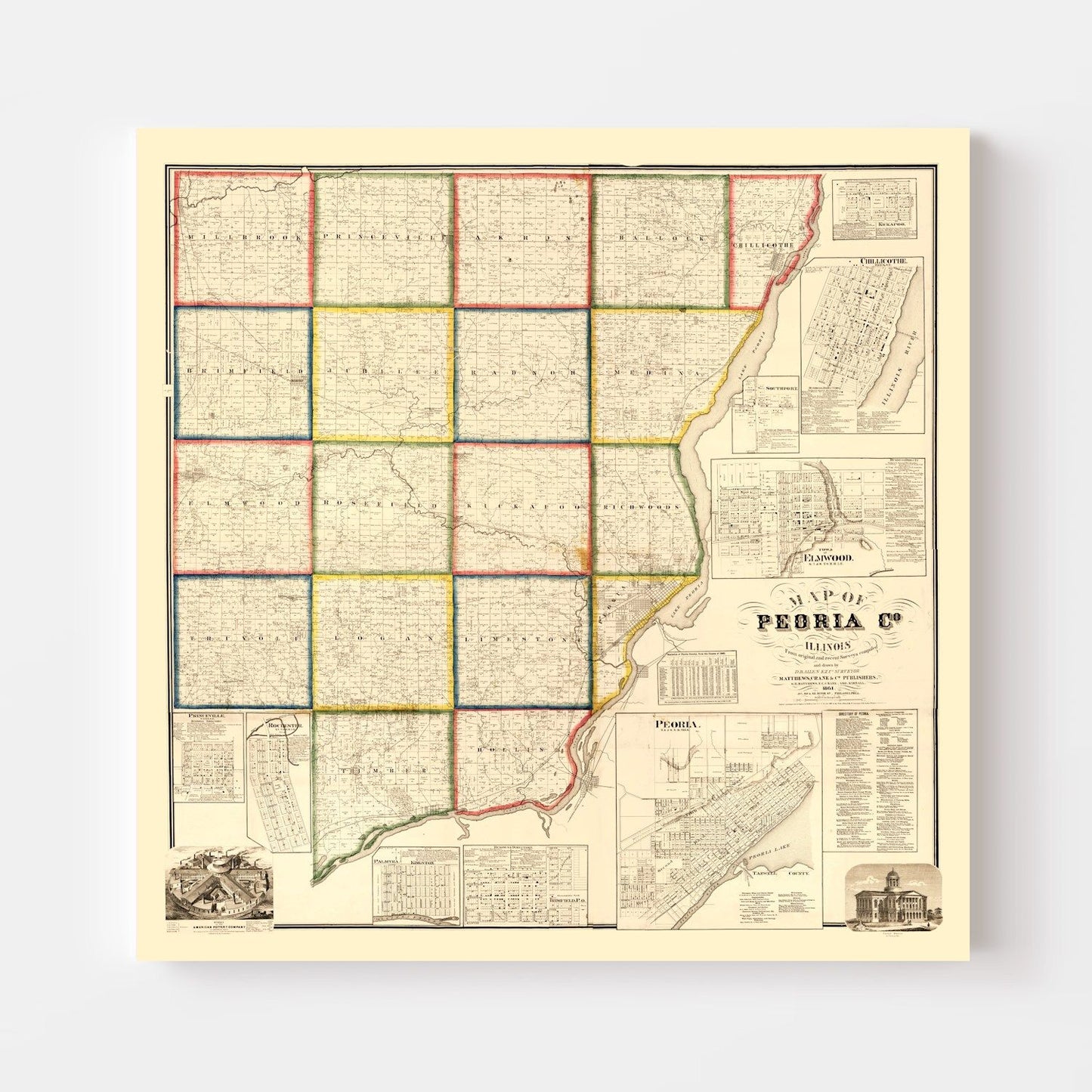 Vintage Map of Peoria County, Illinois, 1861