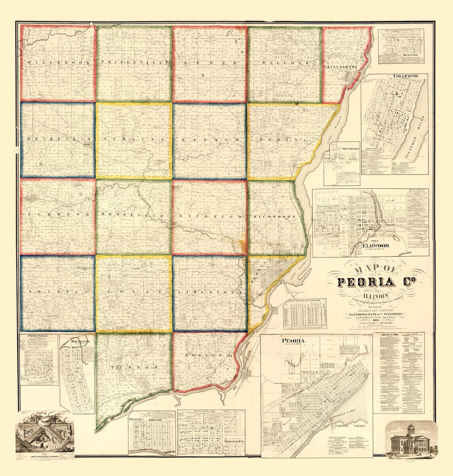 Vintage Map of Peoria County, Illinois, 1861