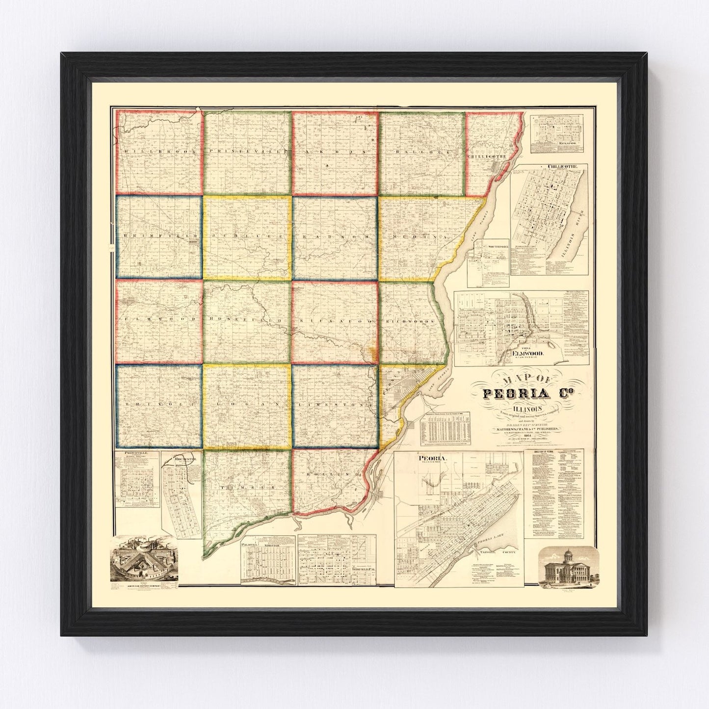 vintage map of Peoria County, Illinois, 1861