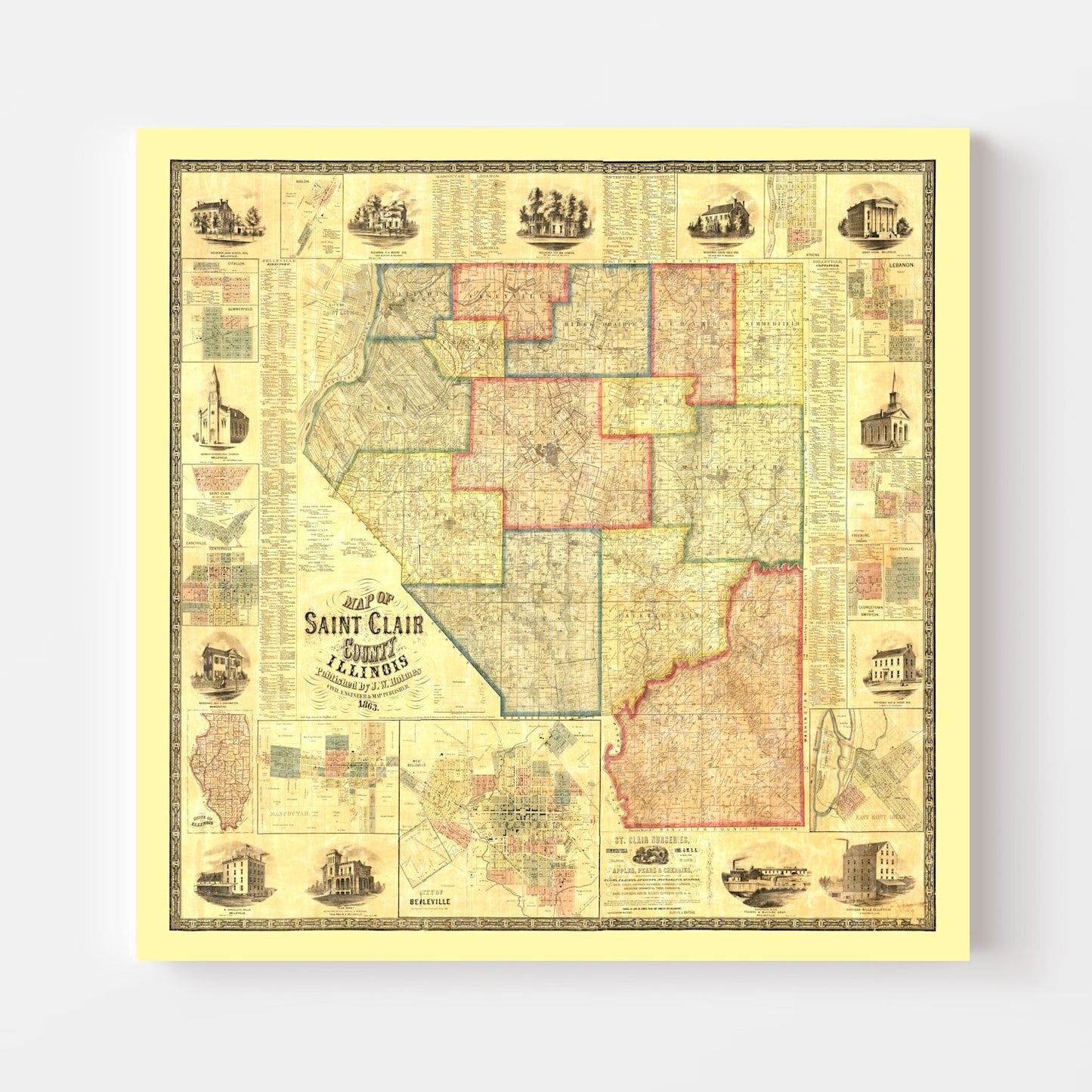 Vintage Map of Saint Clair County, Illinois, 1863