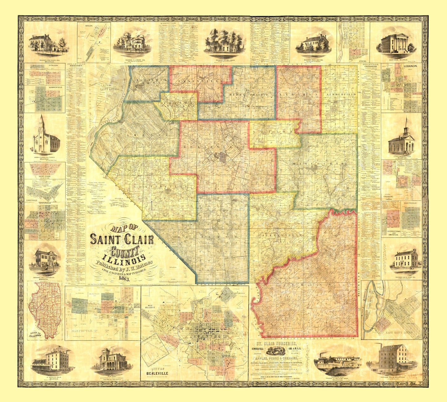 Vintage Map of Saint Clair County, Illinois, 1863
