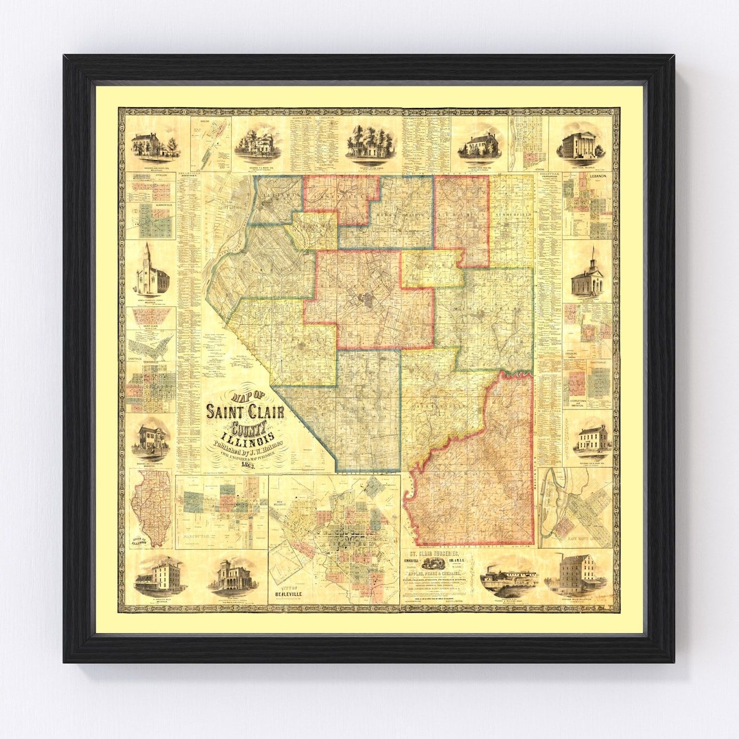 vintage map of Saint Clair County, Illinois, 1863
