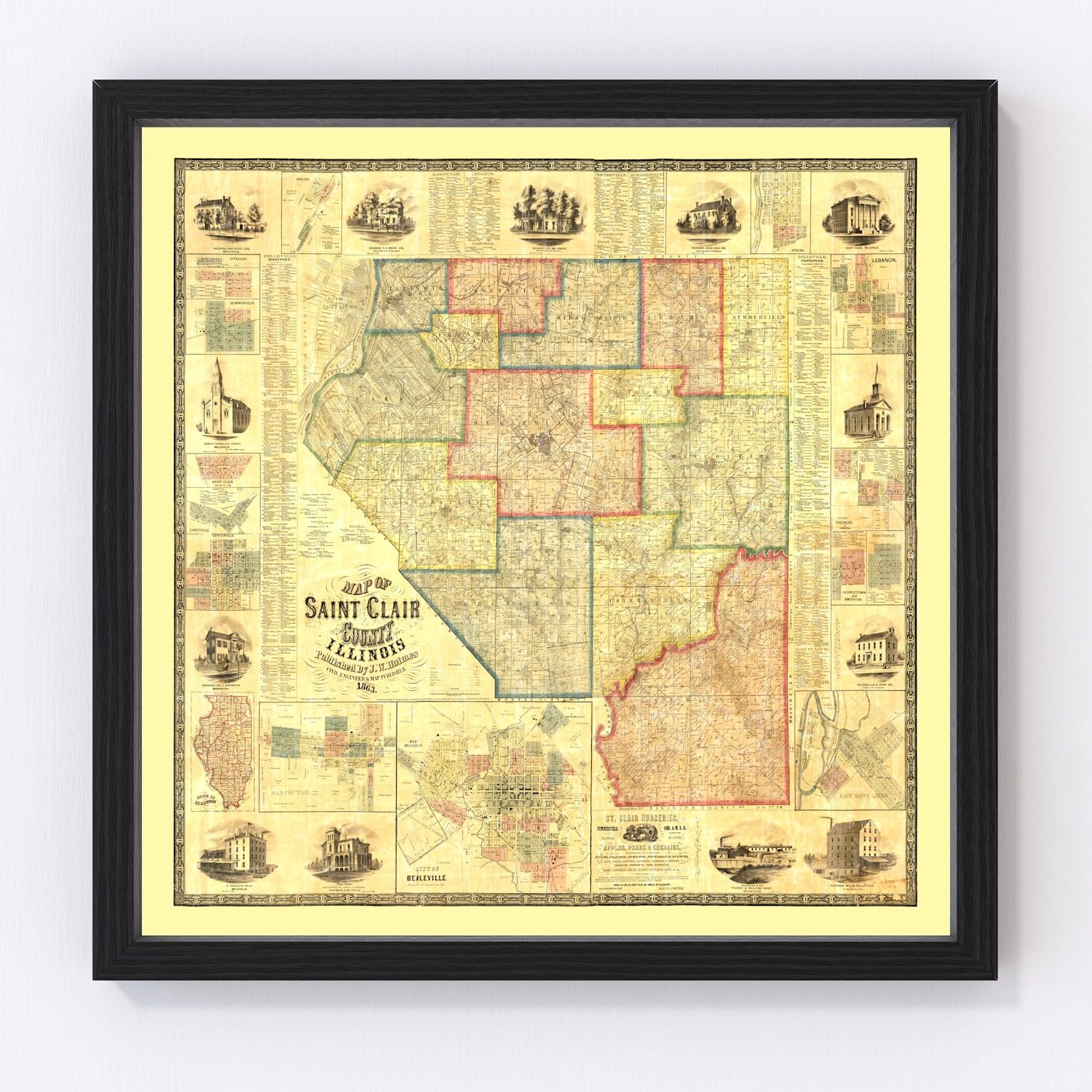 vintage map of Saint Clair County, Illinois, 1863