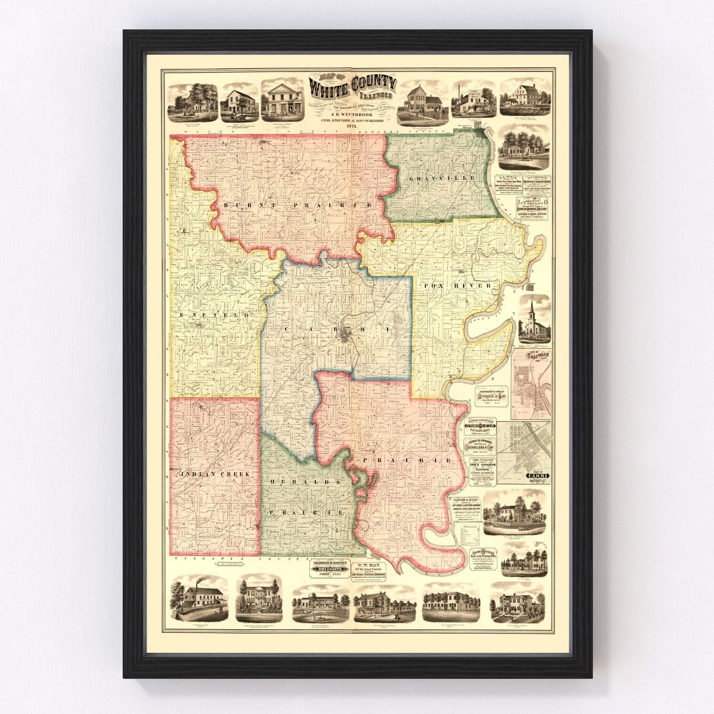 Vintage map of White County, Illinois, 1871 - Carmi area restored print