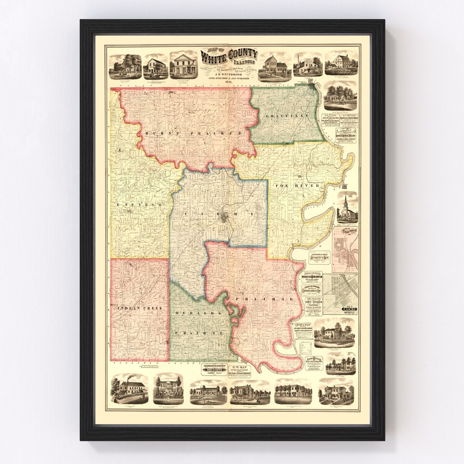 Vintage map of White County, Illinois, 1871 - Carmi area restored print