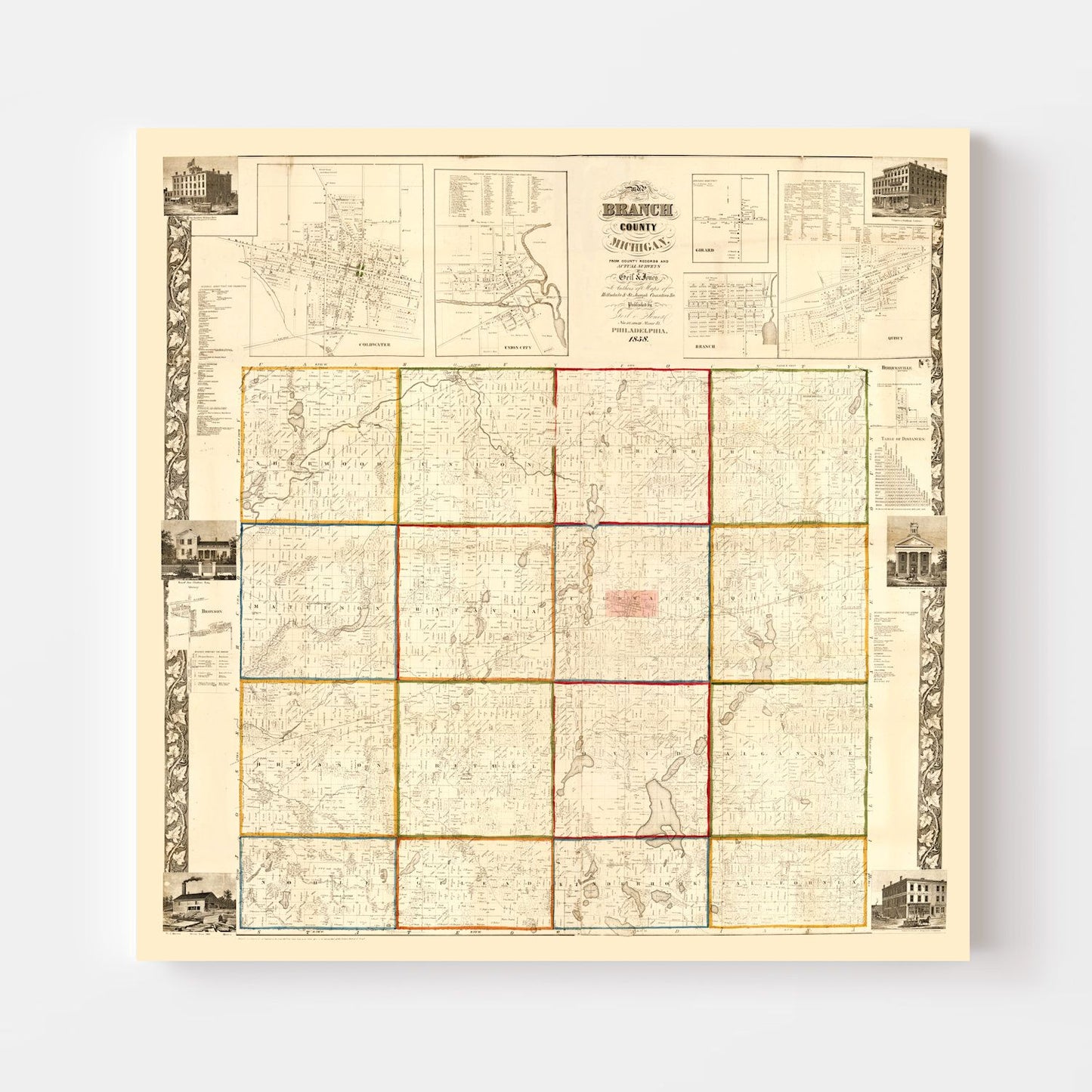 Vintage Map of Branch County, Michigan 1858