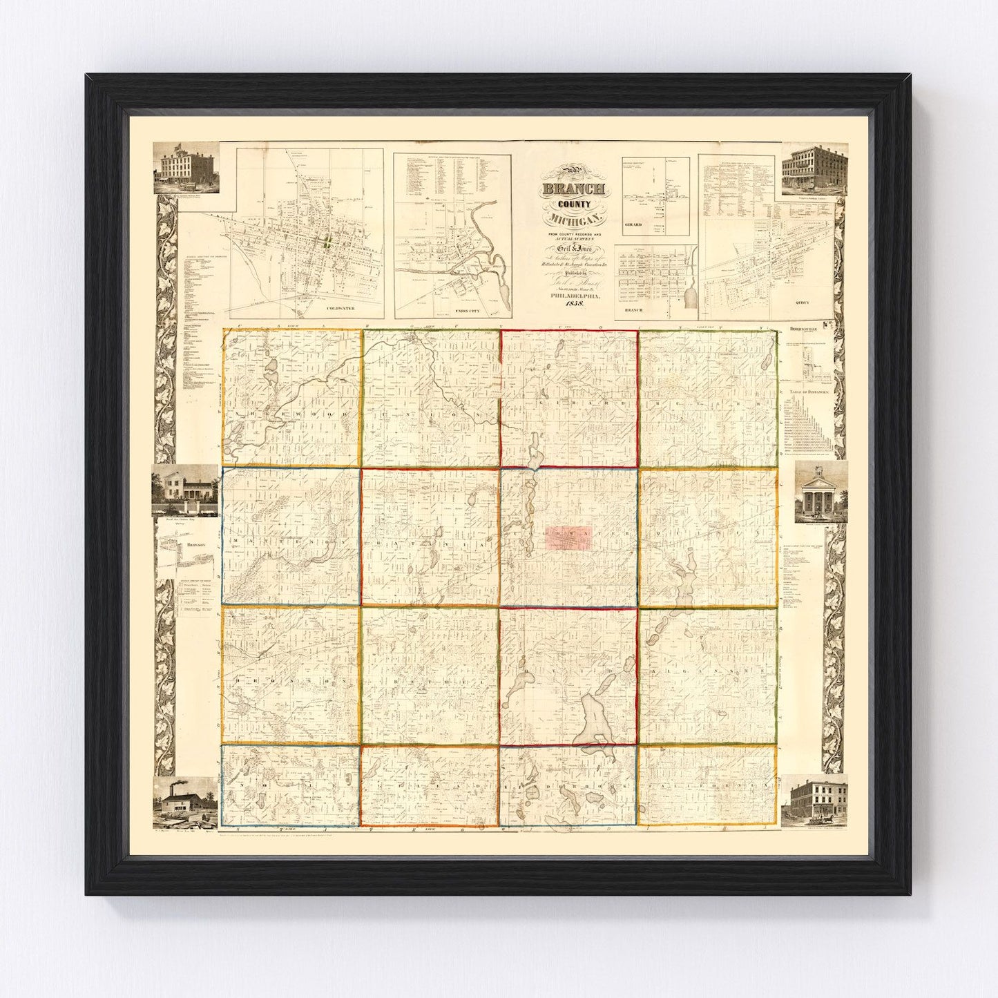 vintage map of Branch County Michigan, 1858, restored print wall art