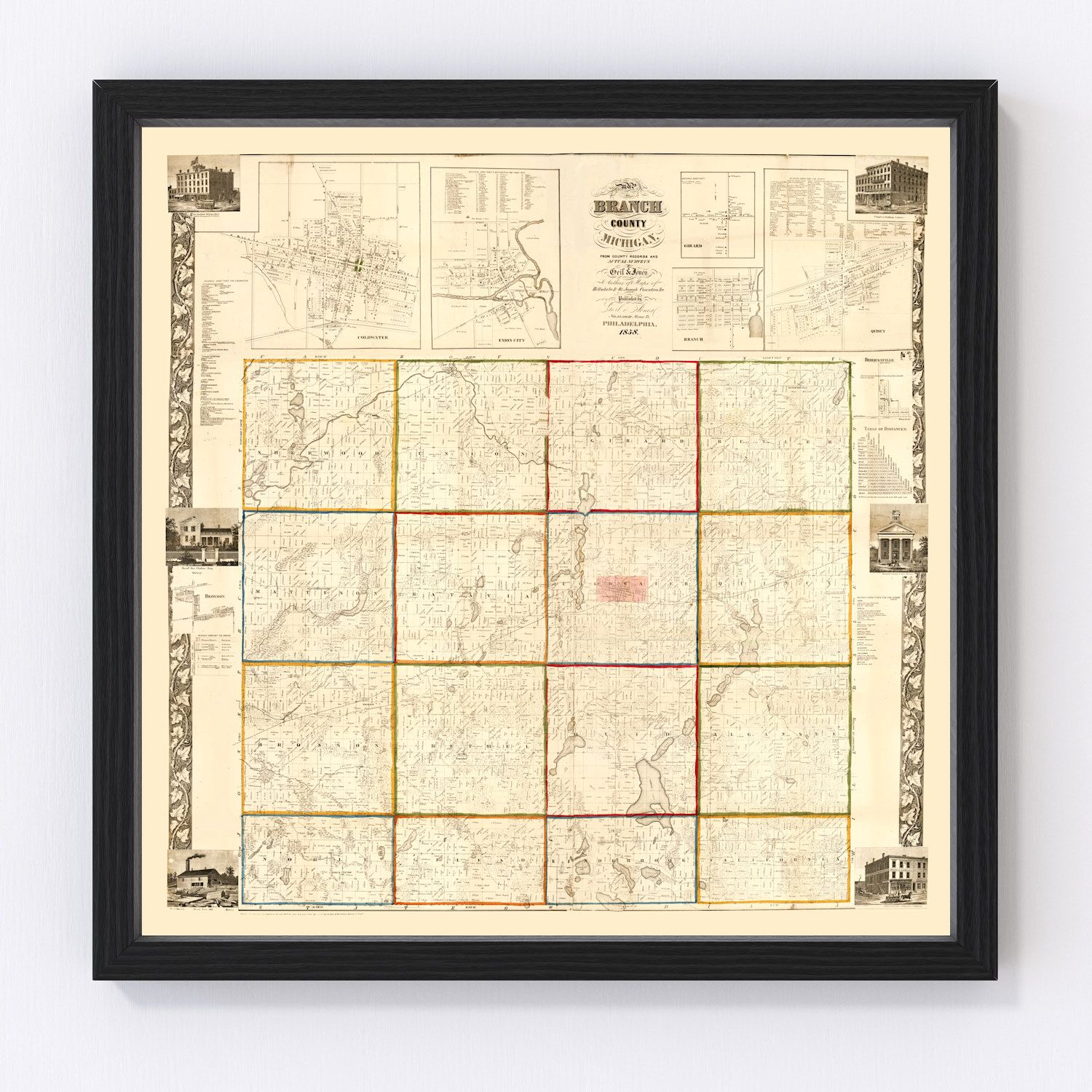 vintage map of Branch County Michigan, 1858, restored print wall art