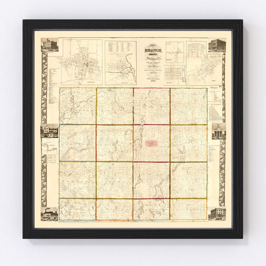 vintage map of Branch County Michigan, 1858, restored print wall art