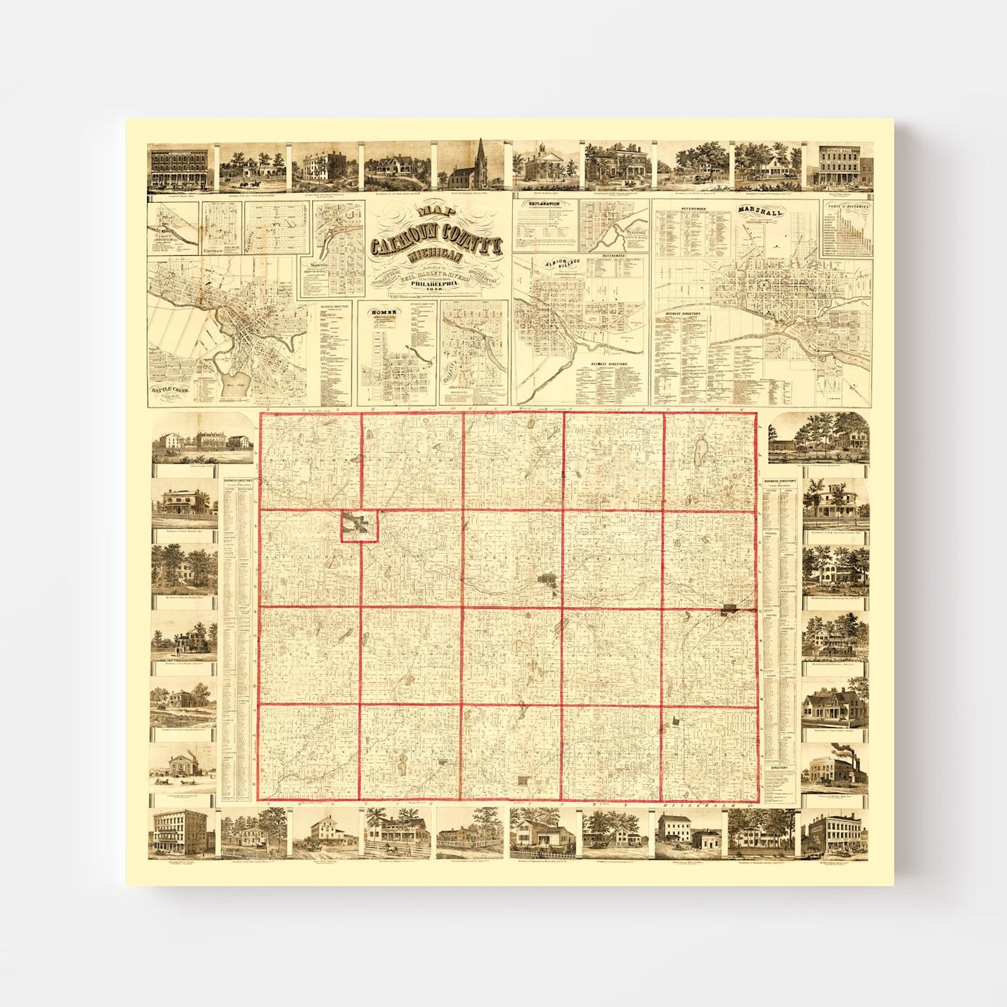 Vintage Map of Calhoun County, Michigan, 1858