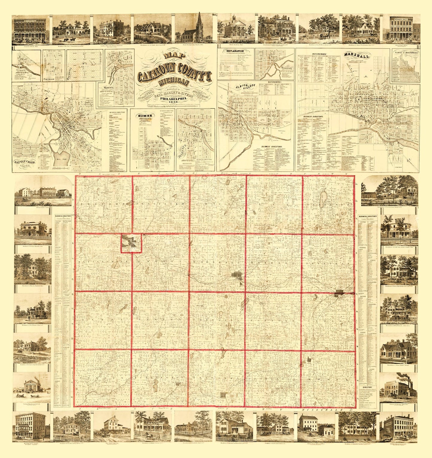 Vintage Map of Calhoun County, Michigan, 1858