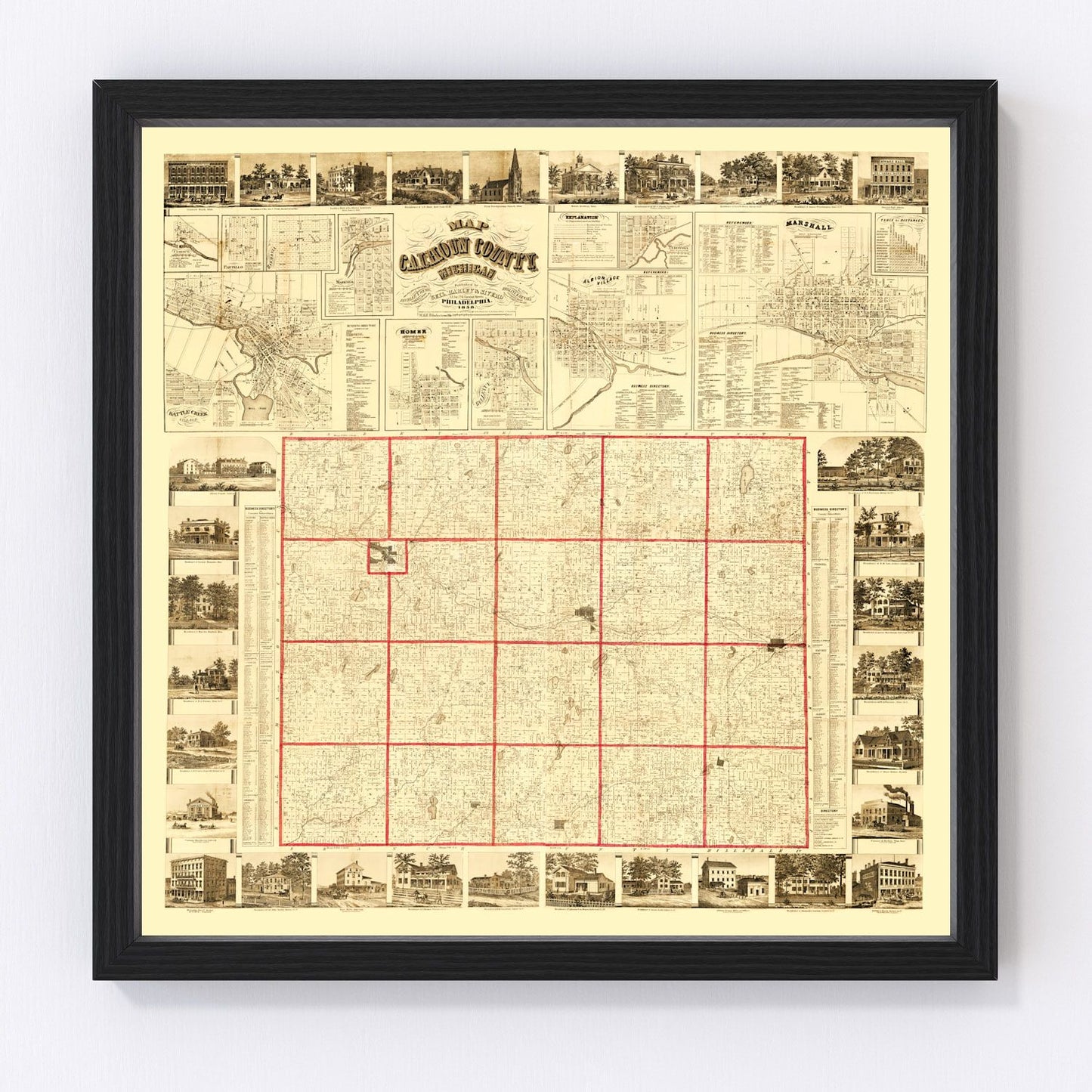 Vintage map of Calhoun County, Michigan, 1858, restored print