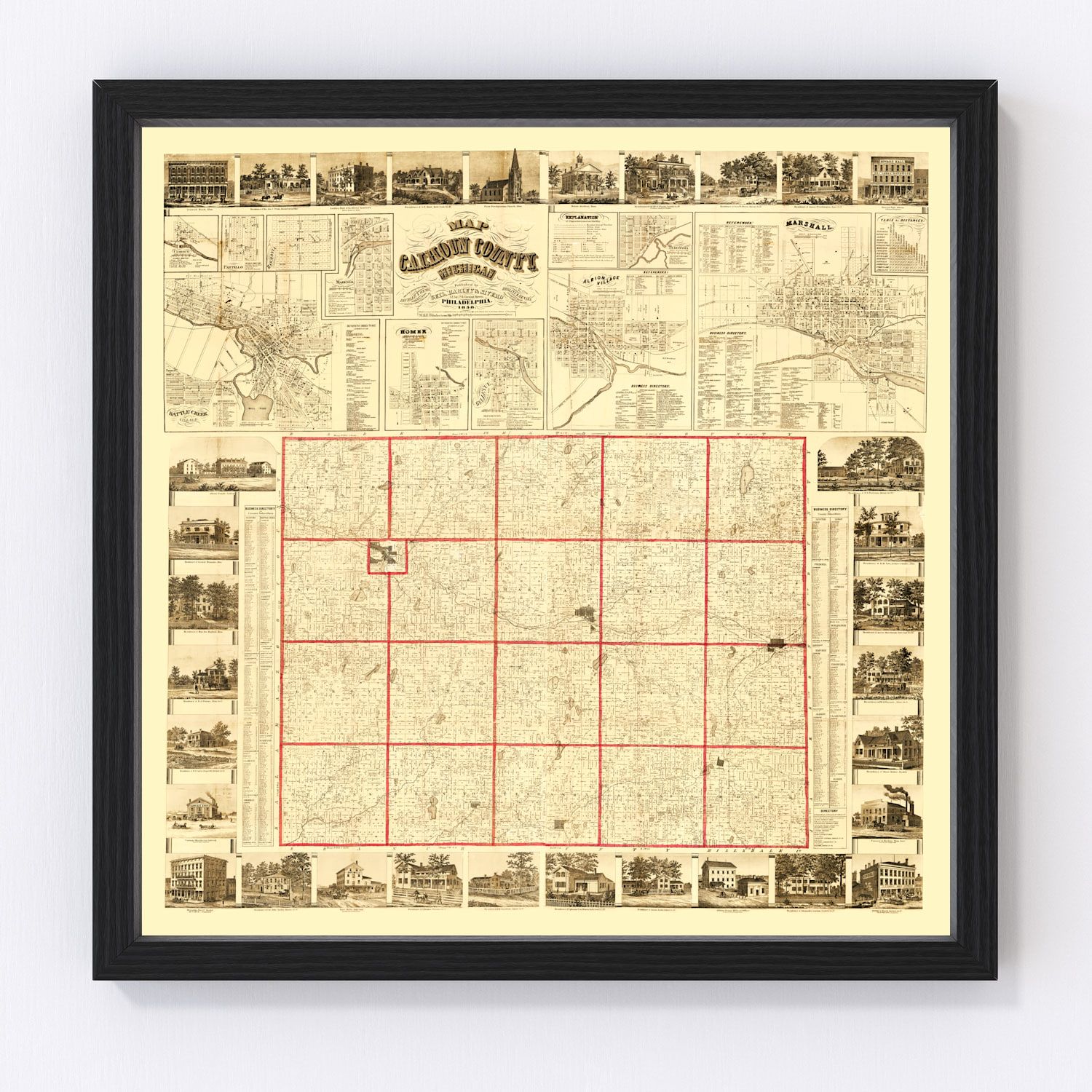 Vintage map of Calhoun County, Michigan, 1858, restored print