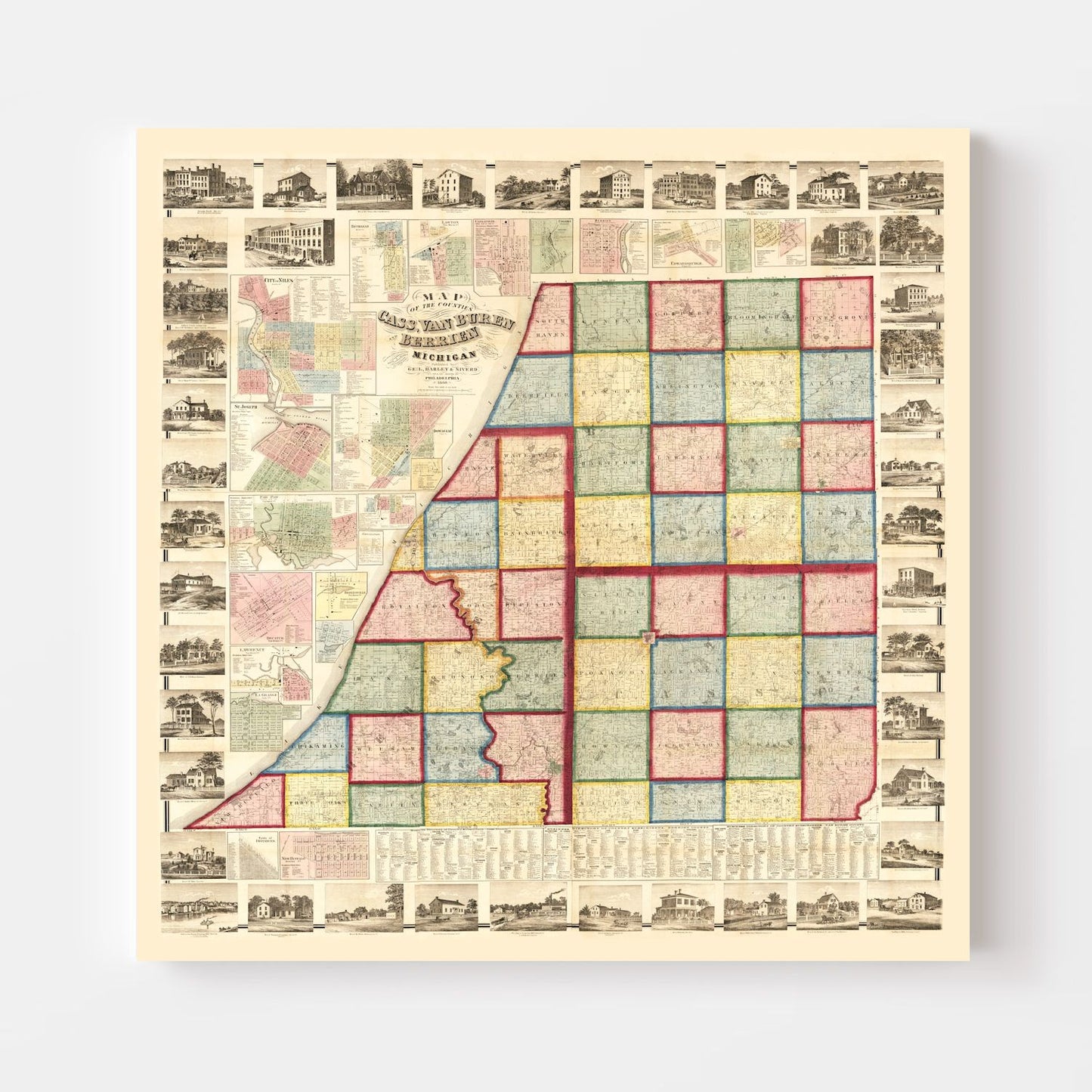 Vintage Map of Cass County, Michigan, 1860