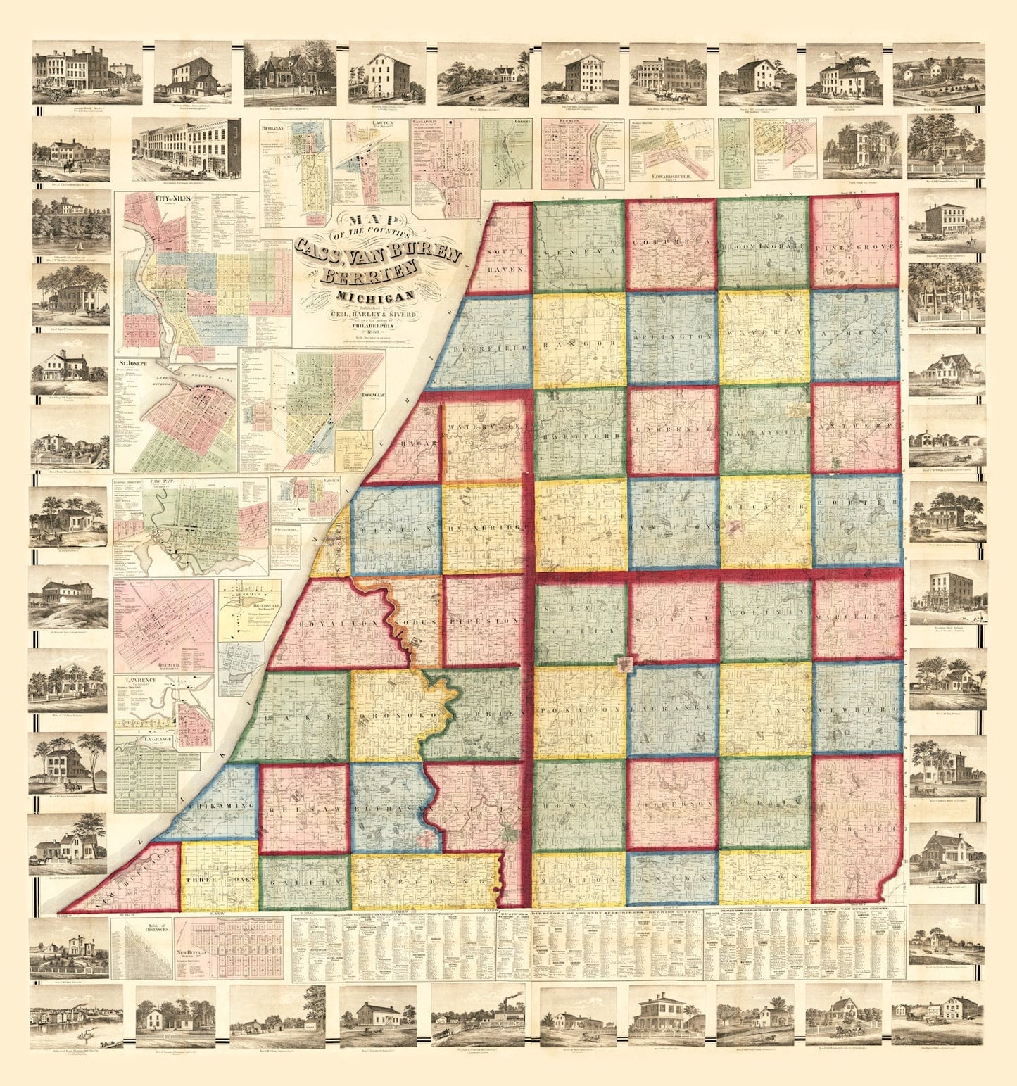 Vintage Map of Cass County, Michigan, 1860