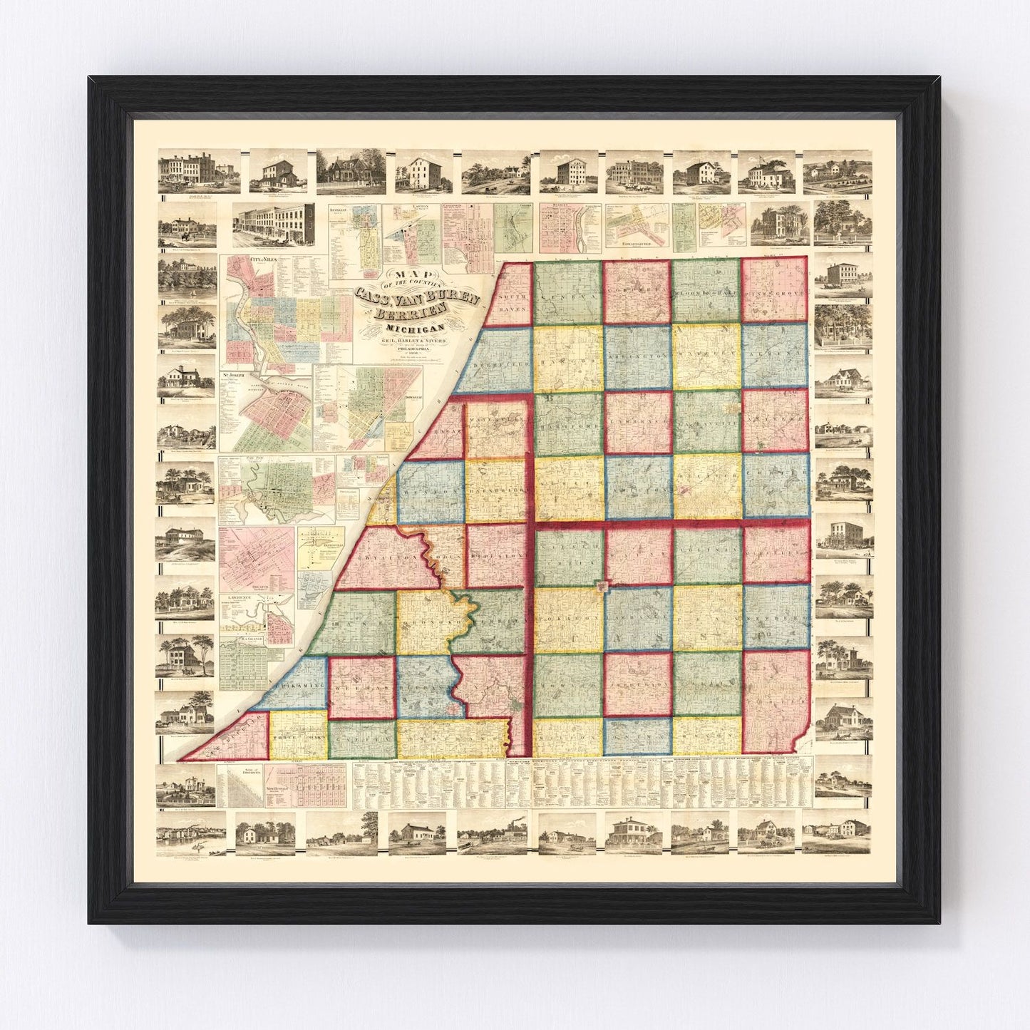 Vintage map of Cass County, Michigan, 1860, restored vintage wall art print
