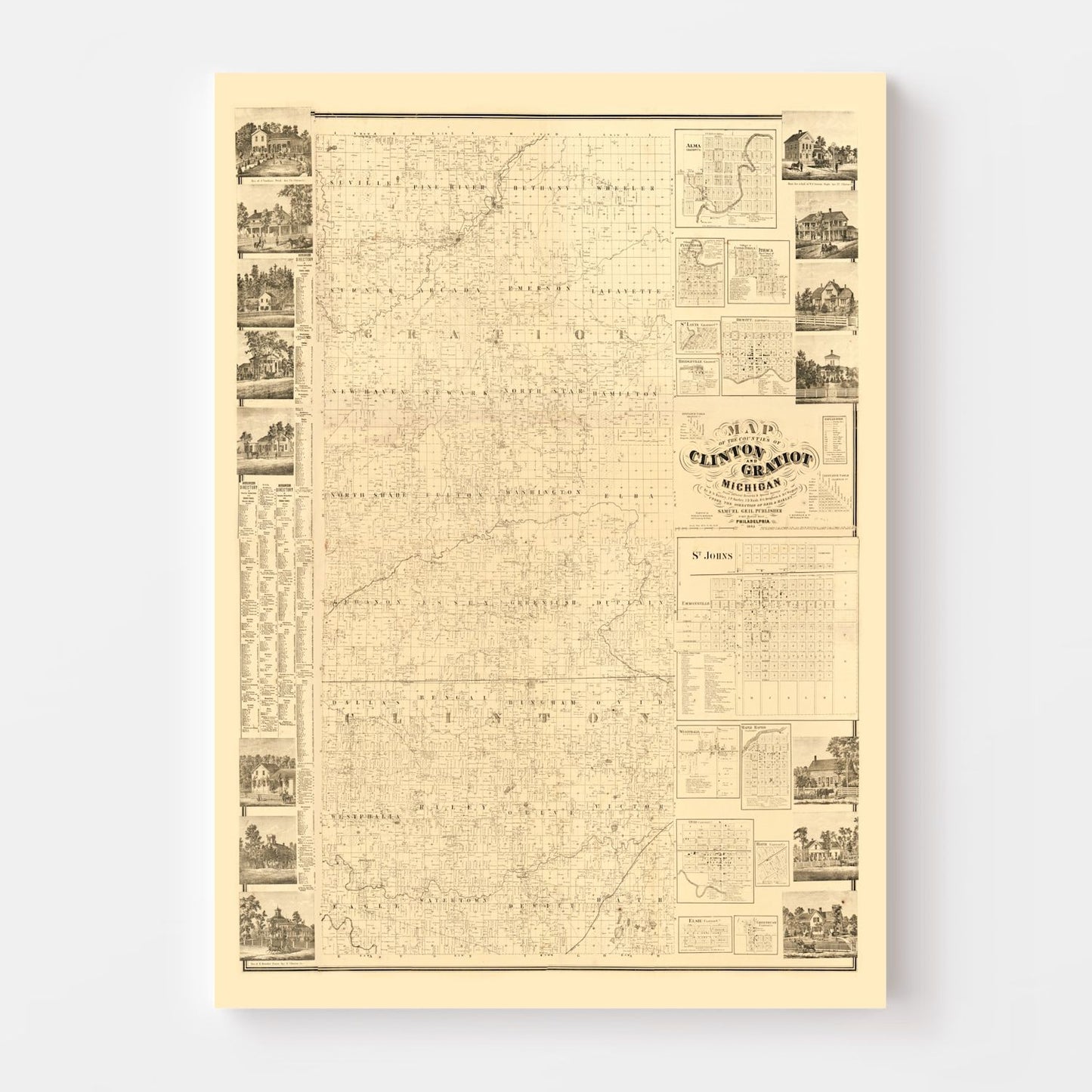 Vintage Map of Clinton County, Michigan, 1864