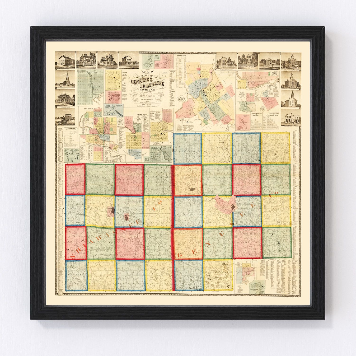 Vintage map of Genesee County, Michigan, 1859