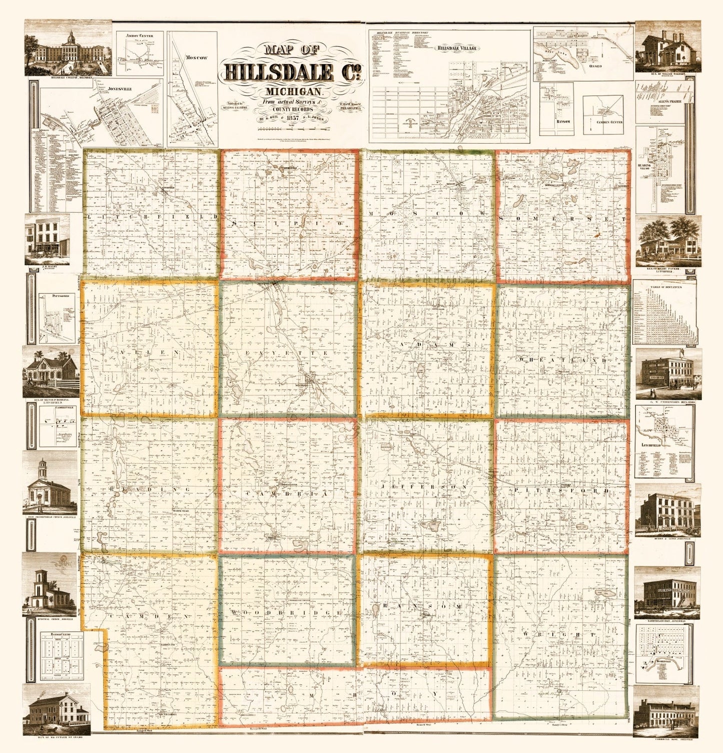 Vintage Map of Hillsdale County, Michigan, 1857