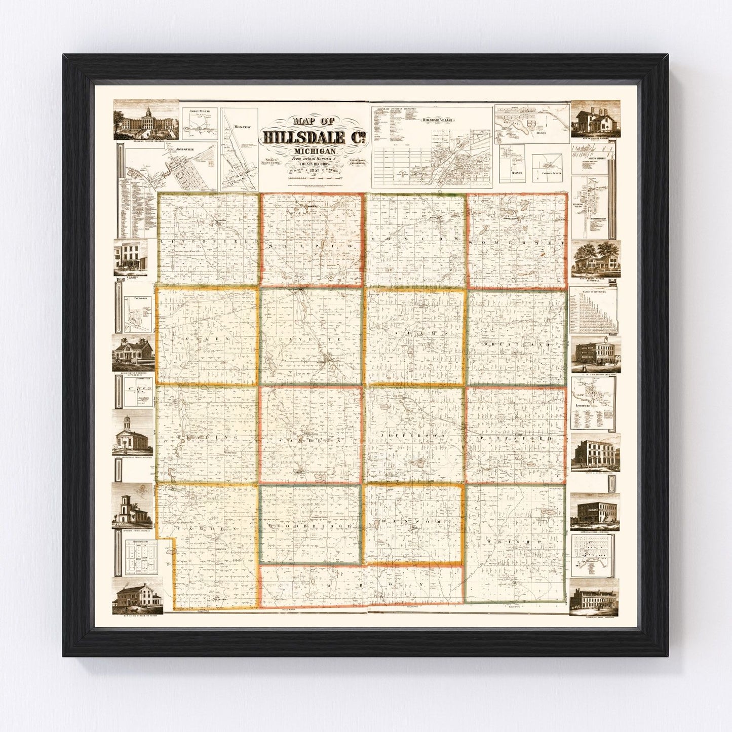 vintage map of Hillsdale County, Michigan, 1857