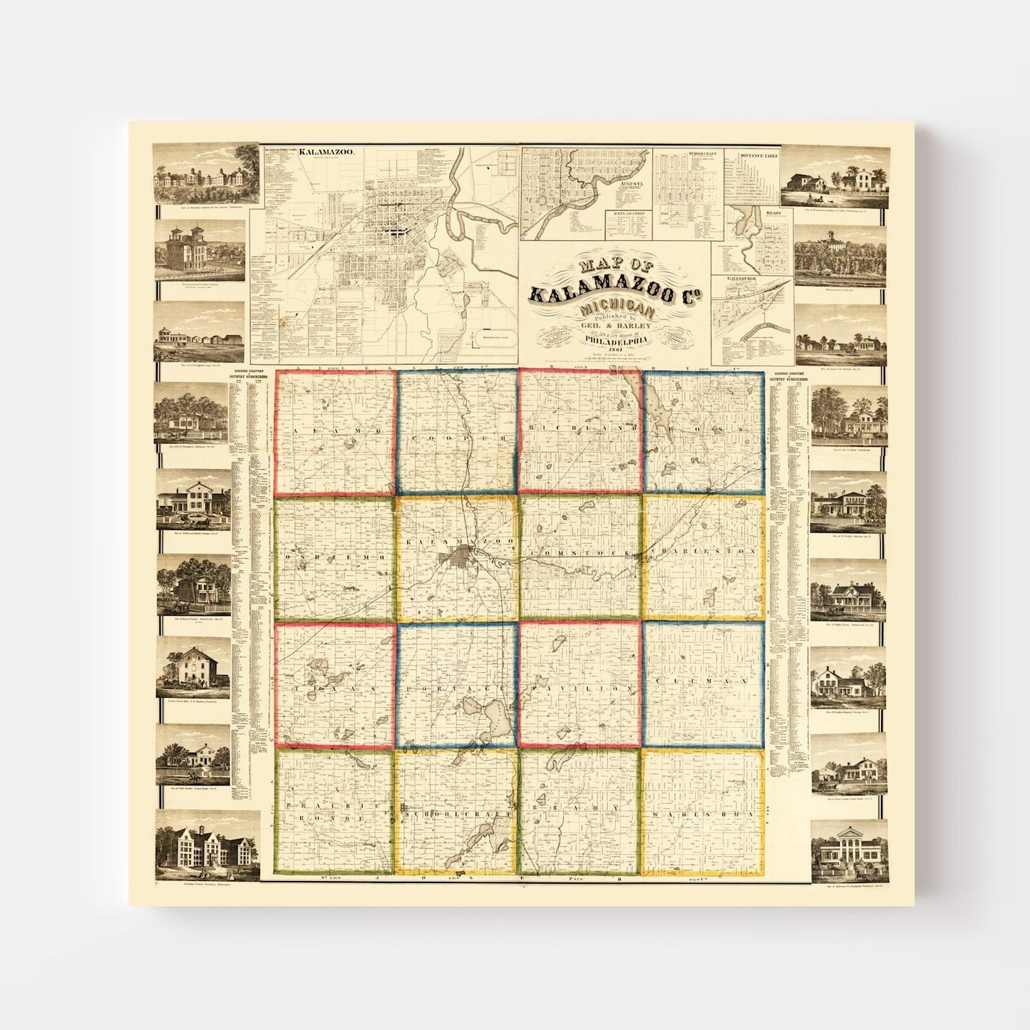 Vintage Map of Kalamazoo County, Michigan, 1861