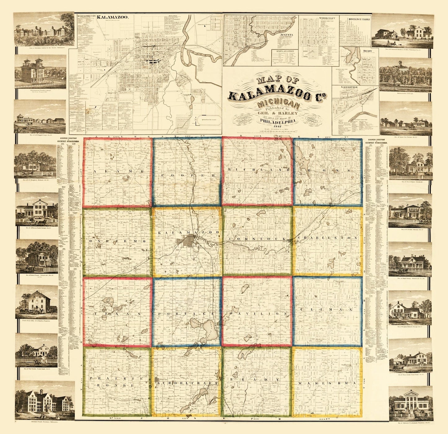 Vintage Map of Kalamazoo County, Michigan, 1861