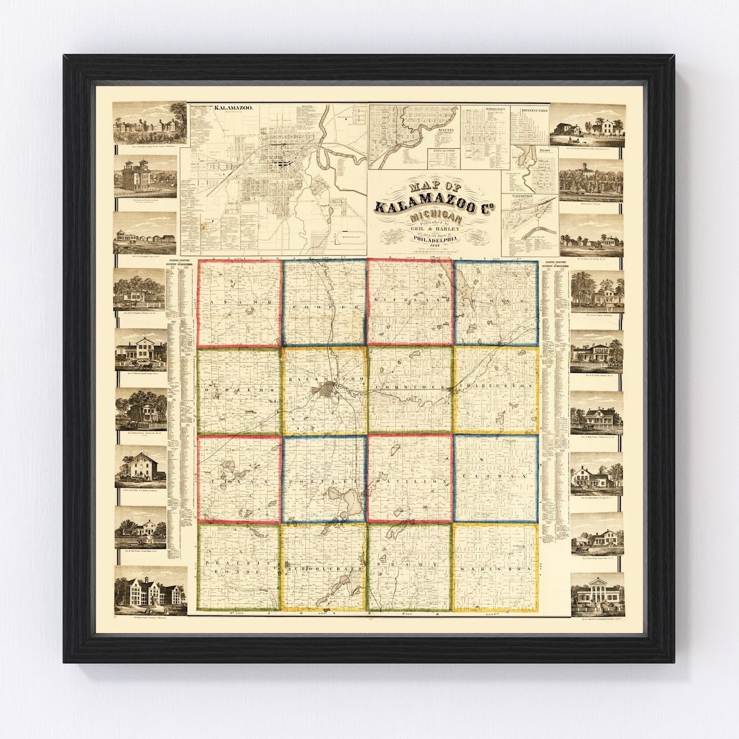 Vintage map of Kalamazoo County, Michigan, 1861