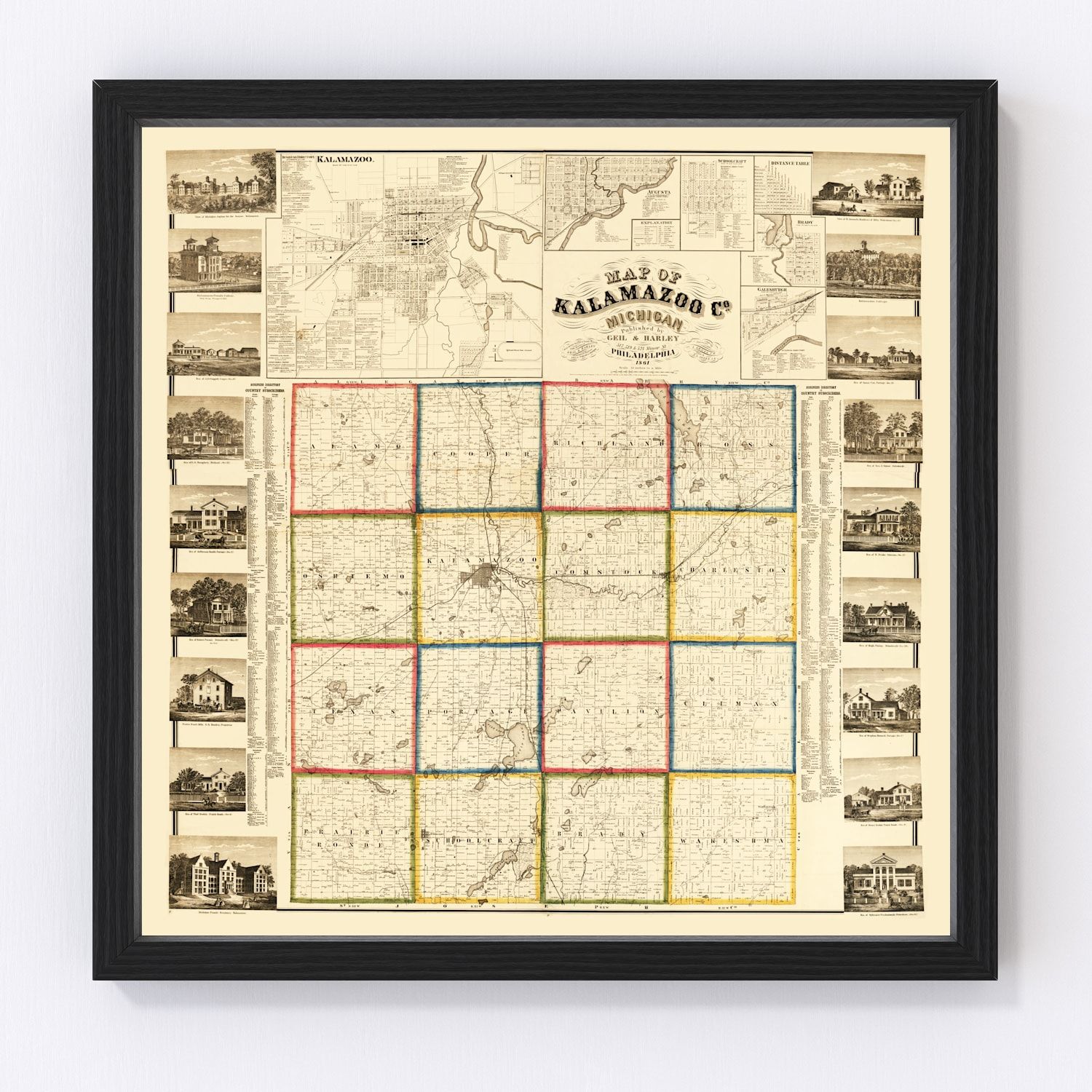 Vintage map of Kalamazoo County, Michigan, 1861