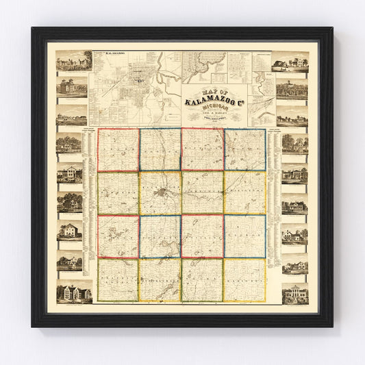 Vintage map of Kalamazoo County, Michigan, 1861