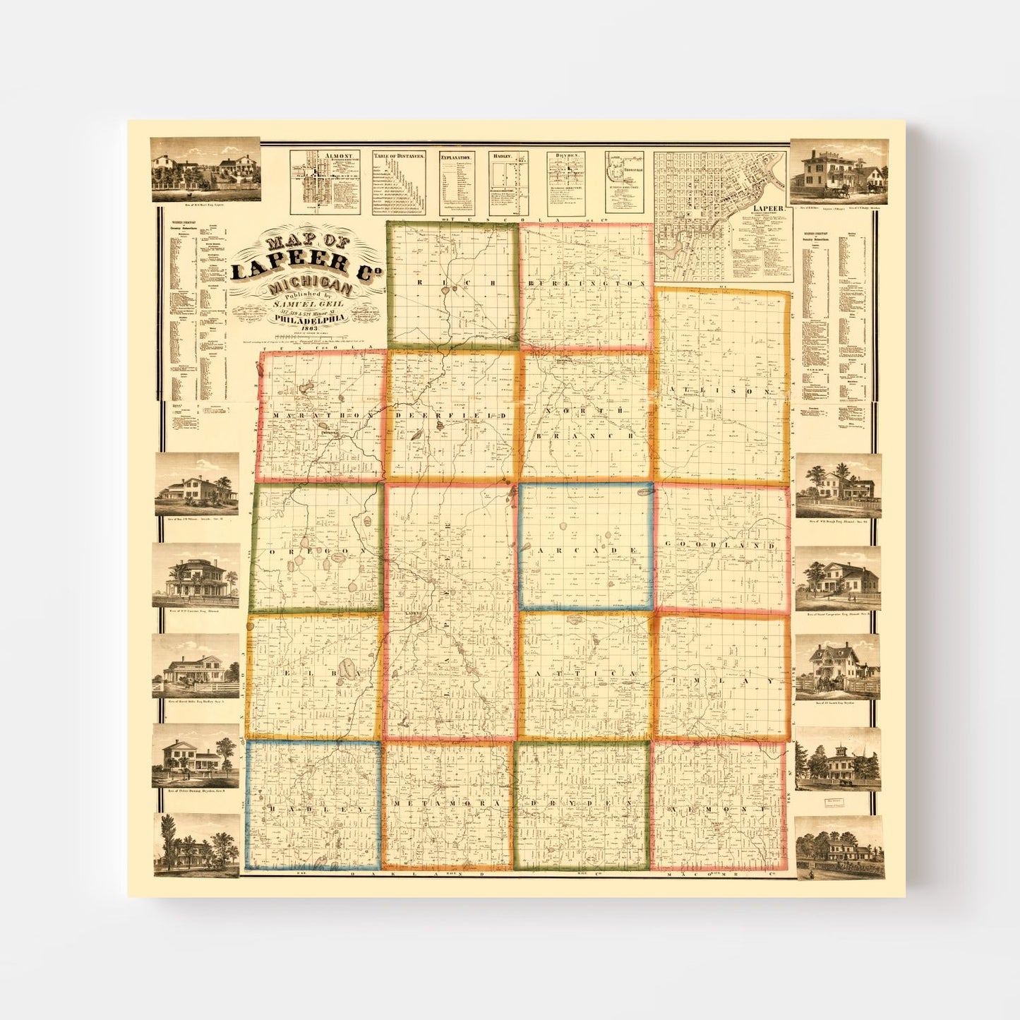 Vintage Map of Lapeer County, Michigan, 1863