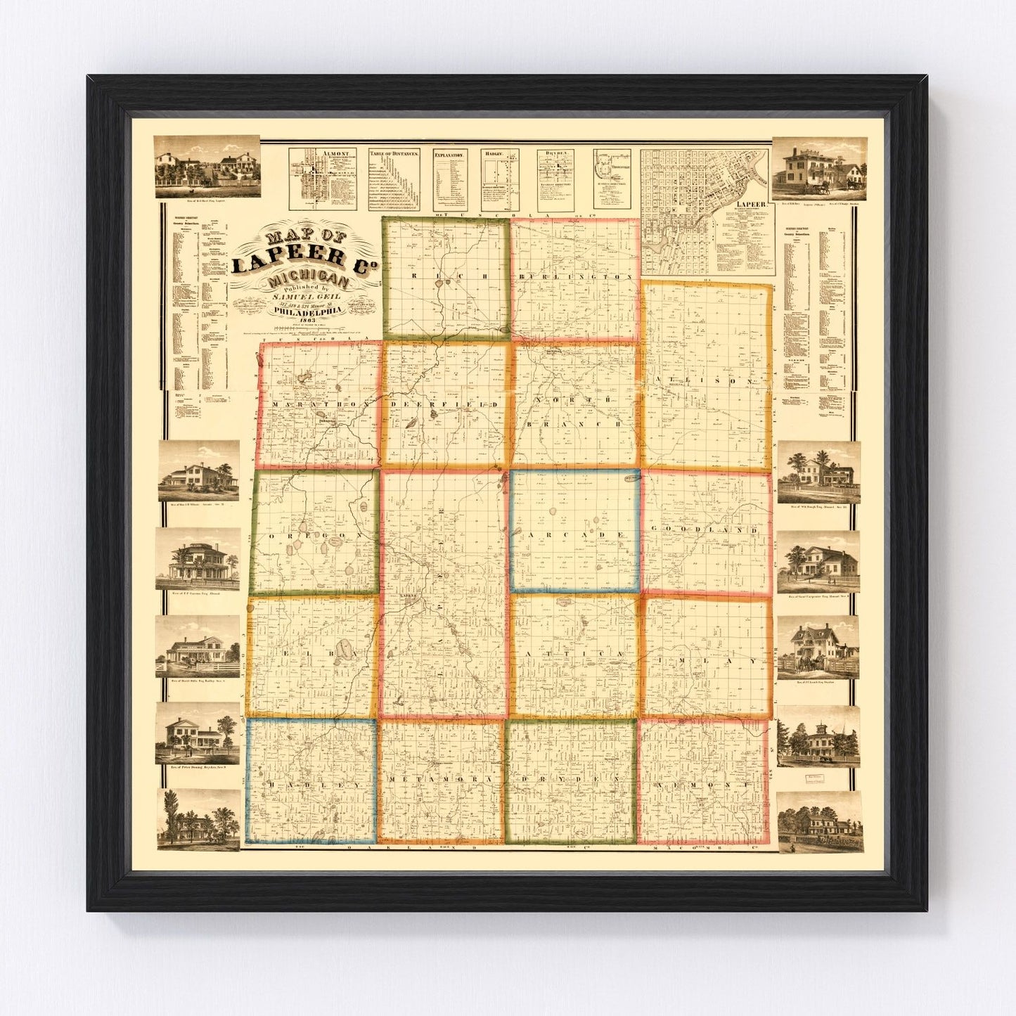 Vintage map of Lapeer County, Michigan, 1863