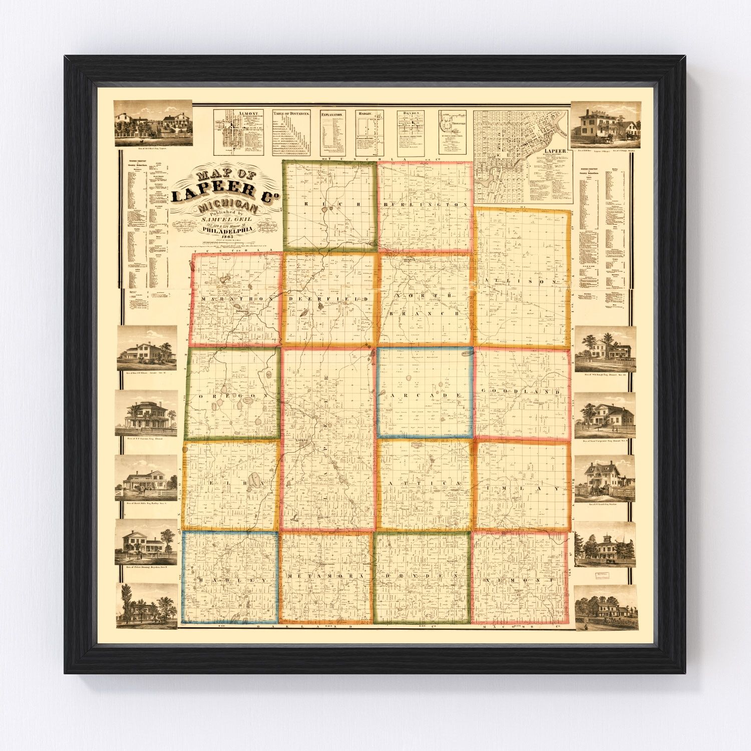 Vintage map of Lapeer County, Michigan, 1863