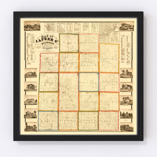 Vintage map of Lapeer County, Michigan, 1863