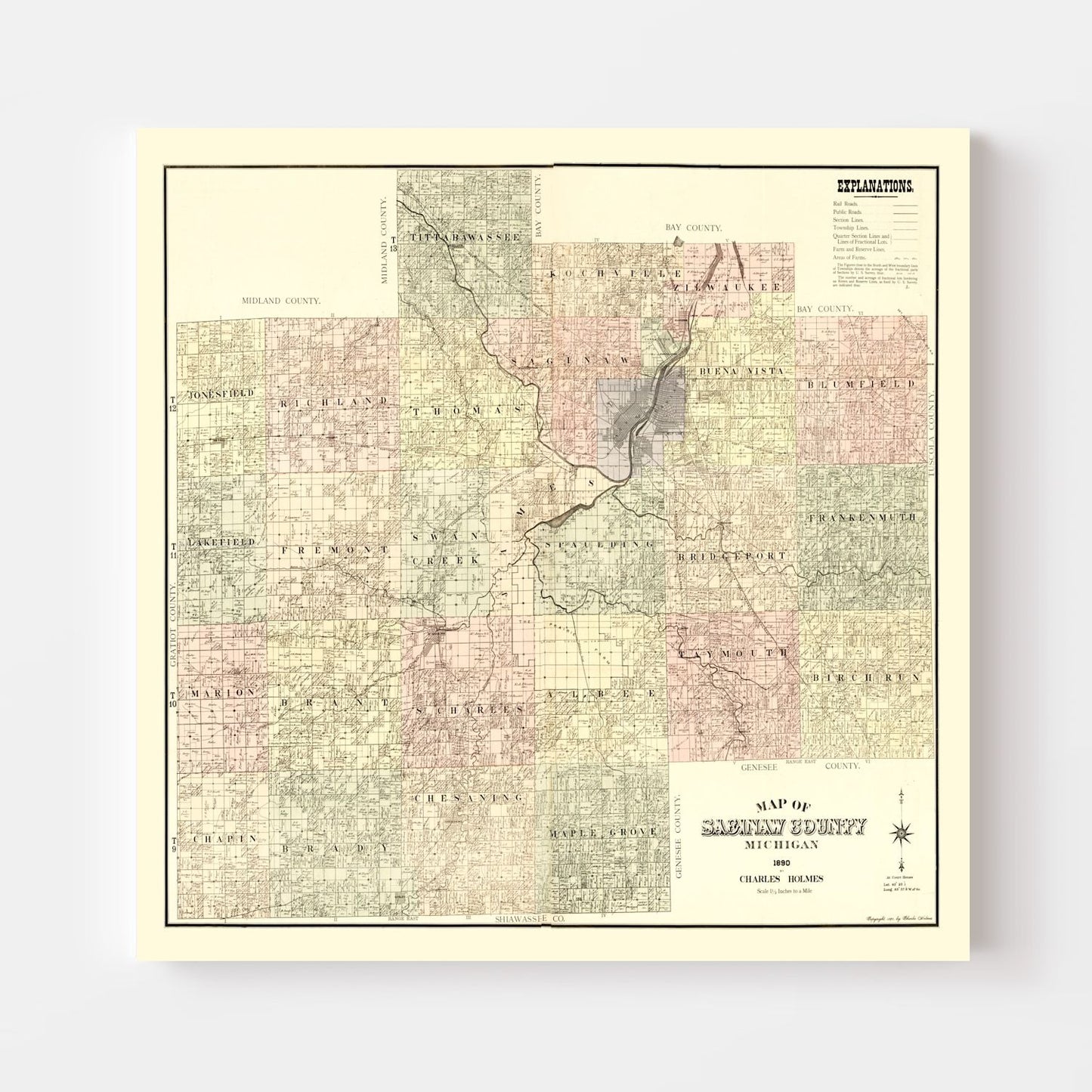 Vintage Map of Saginaw County, Michigan, 1890